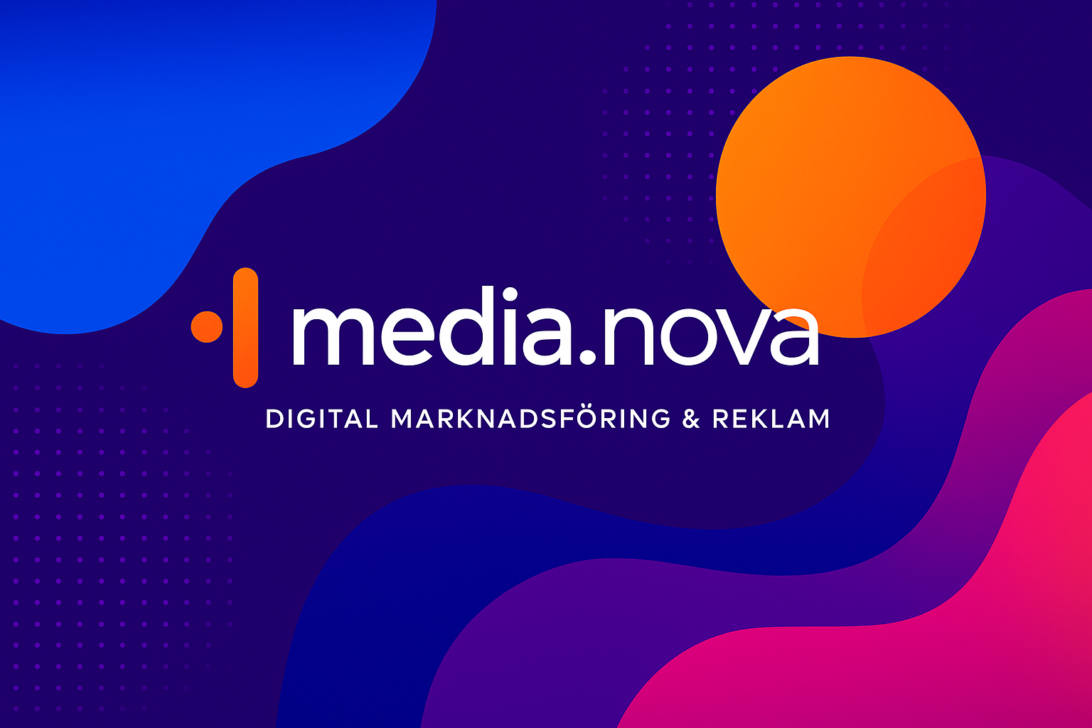 Grafisk design med färgade cirklar på en mörkblå bakgrund och texten: "media.nova - Digital marknadsföring & reklam"