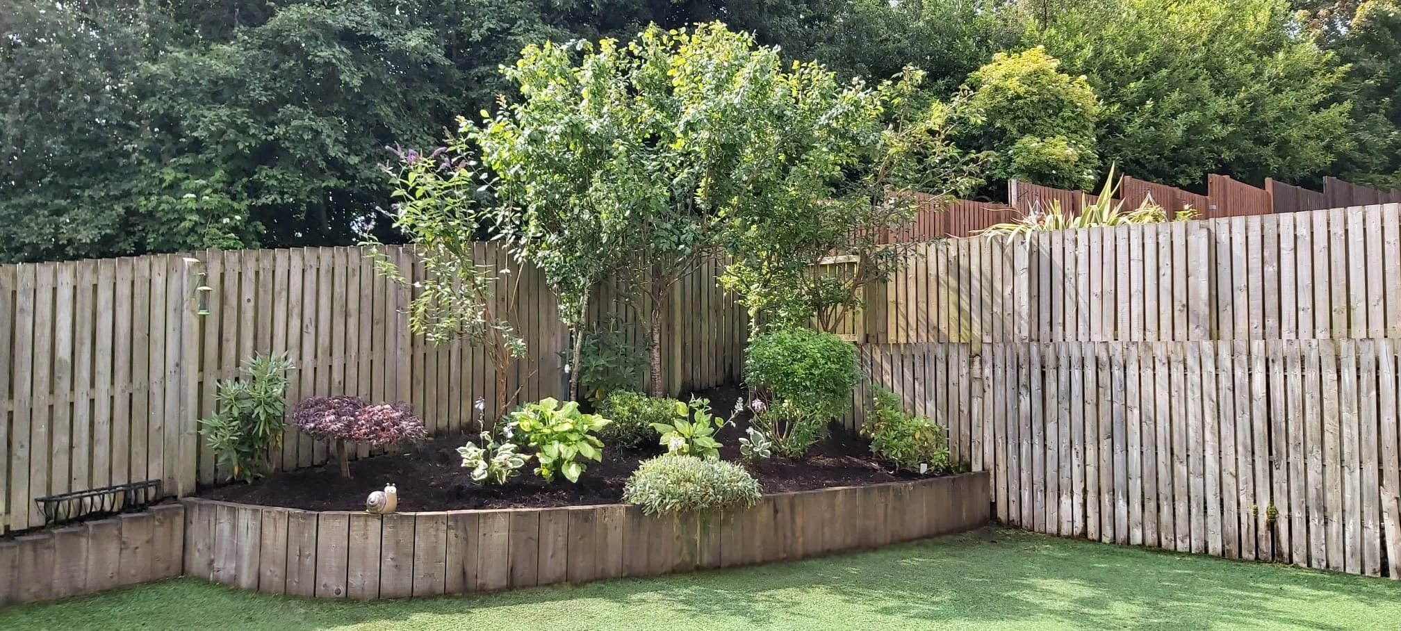 A backyard garden with a raised wooden flower bed containing various green plants and small bushes, enclosed by a wooden fence, with trees and shrubbery in the background and a green grassy lawn in the foreground.