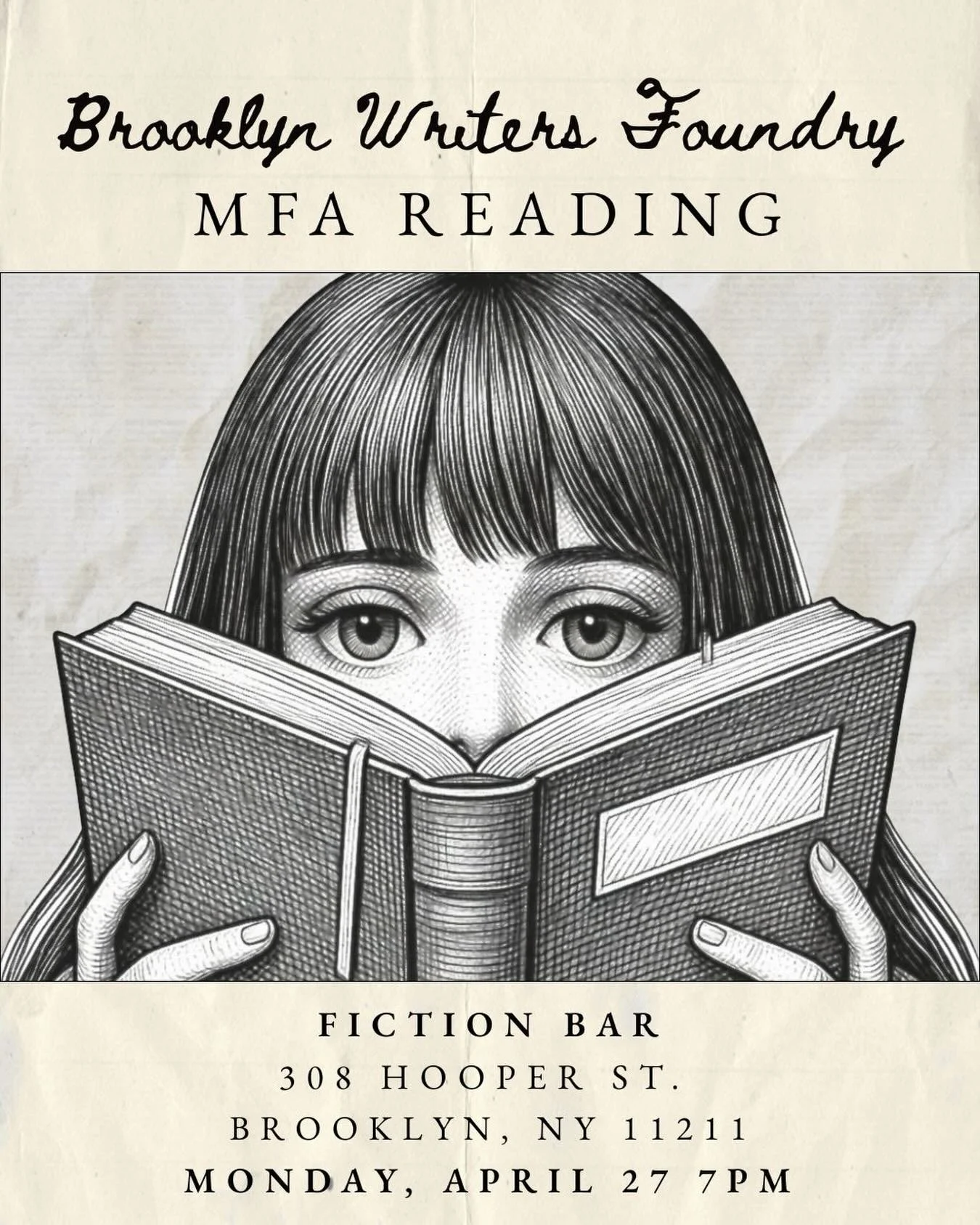 Thrilled to read new work at The Brooklyn Writers Foundry MFA series. Swing by Fiction Bar to hear words levitate off the page, if you&rsquo;re into that sort of thing. #tipyourbartender