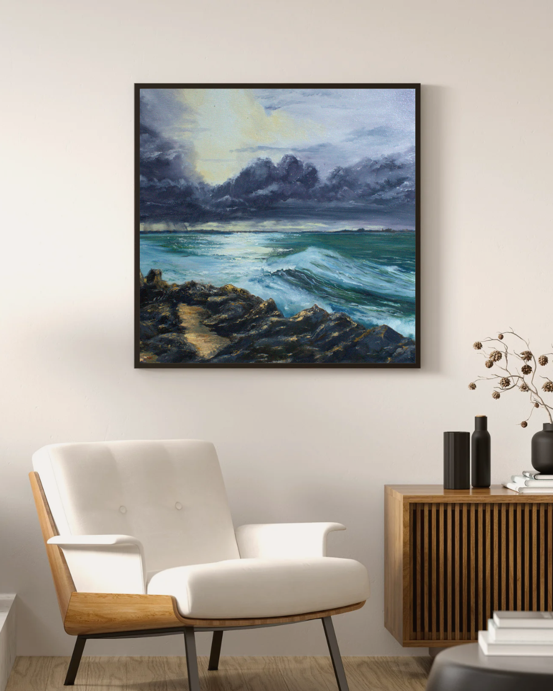 Impressionist oil painting of evening seas and rocky cliffs at Baleal beach, Portugal by Robin Souter
