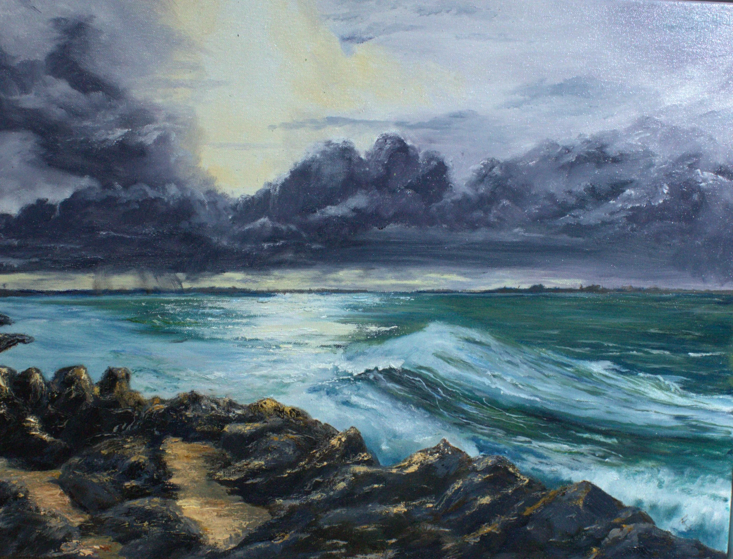 Impressionist oil painting of evening seas and rocky cliffs at Baleal beach, Portugal by Robin Souter