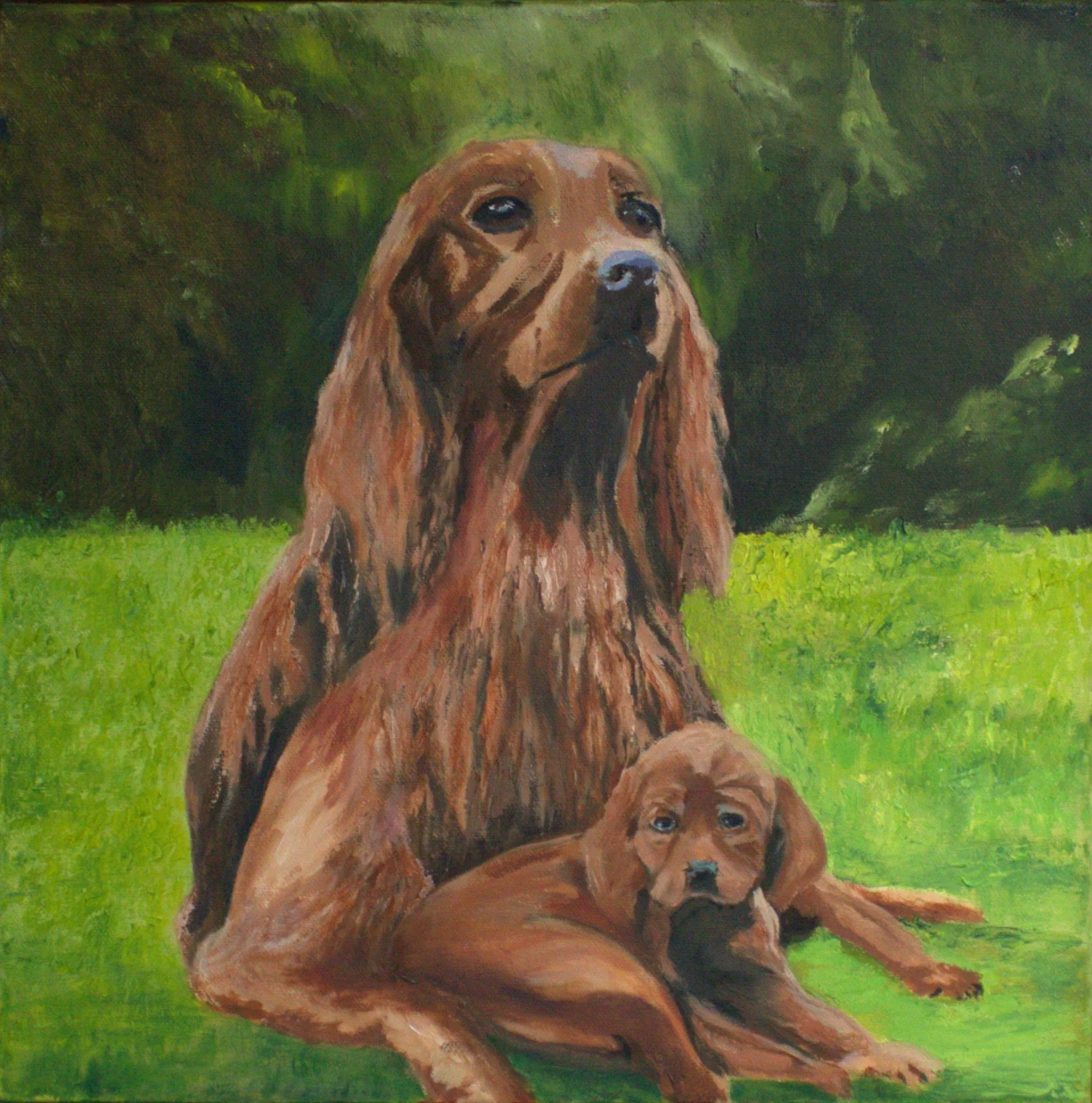 Red Setter, Mother and Pup - Original Framed Oil Painting