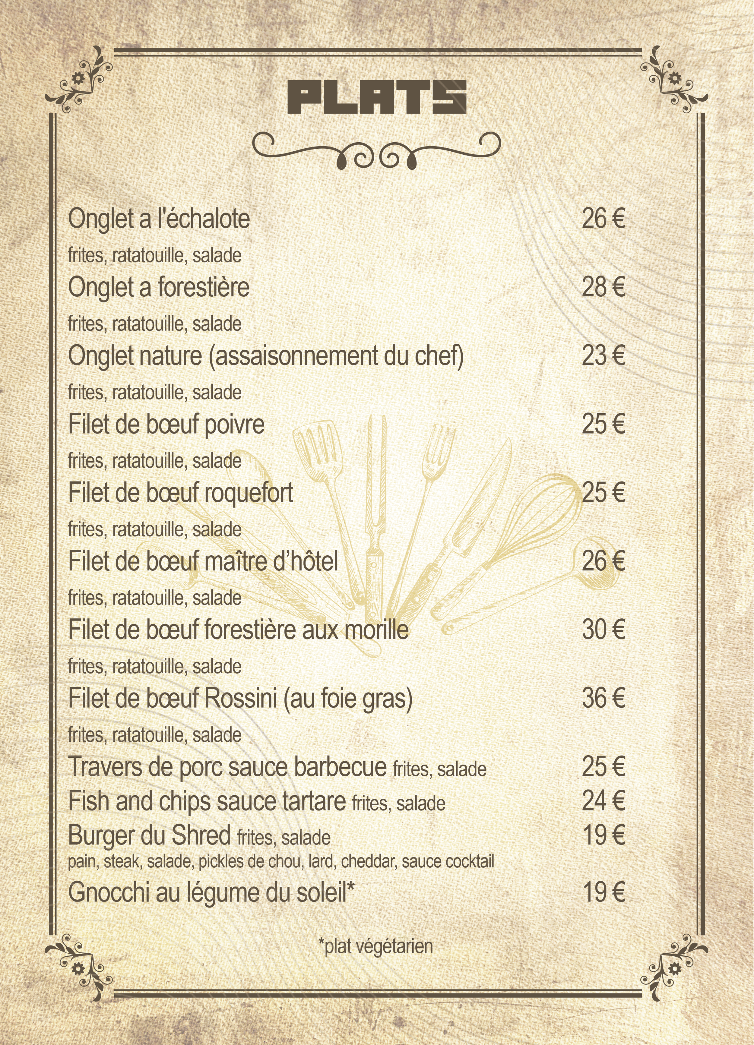 A restaurant menu listing main dishes, including various steaks, fish, pork ribs, burger, and vegetarian options, with prices in euros.