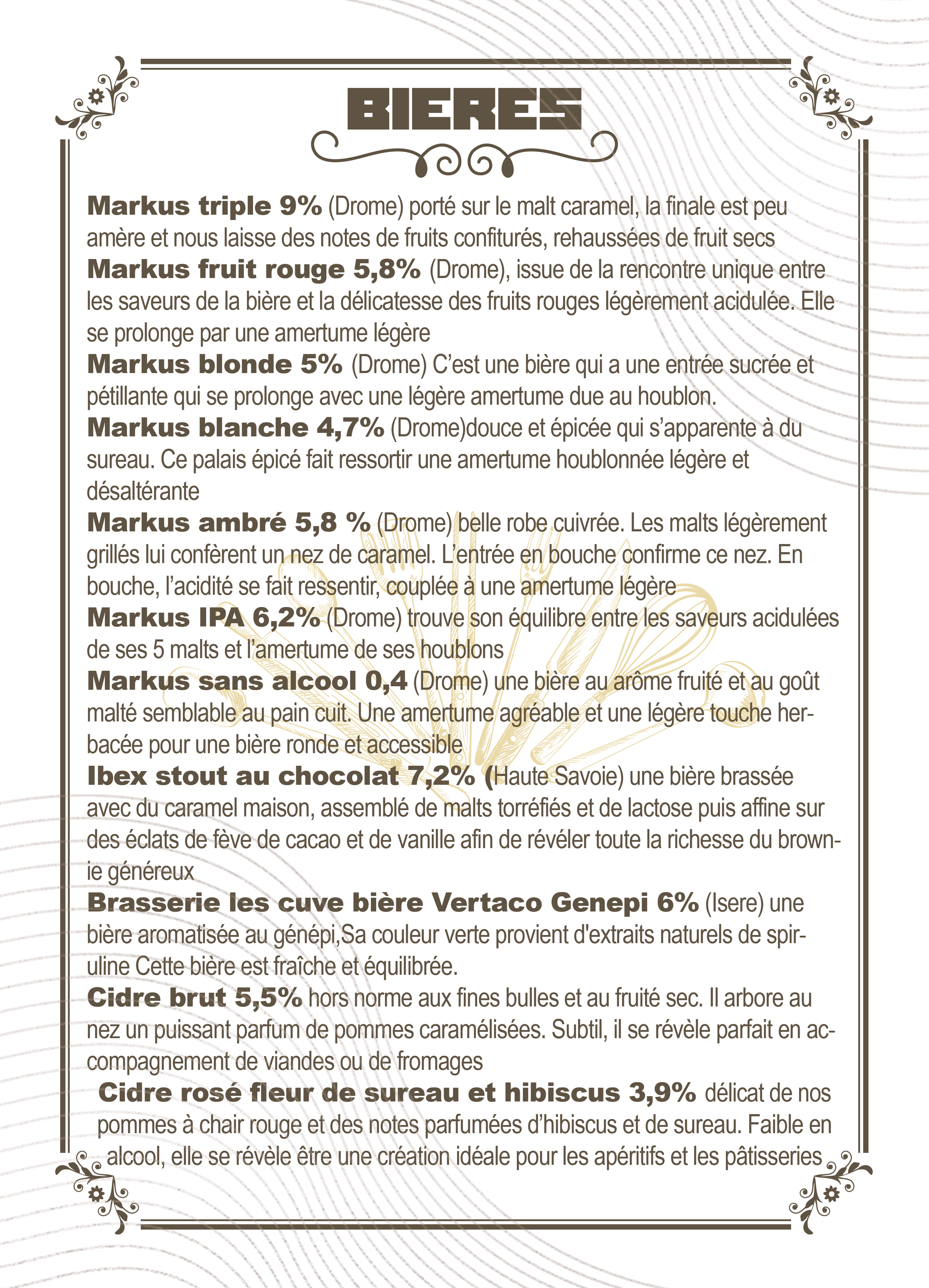 A menu listing various beers with descriptions and alcohol percentages, featuring styles such as triple, red fruit, blonde, white, amber, IPA, non-alcoholic, stout, and Belgian beers, with decorative floral borders.