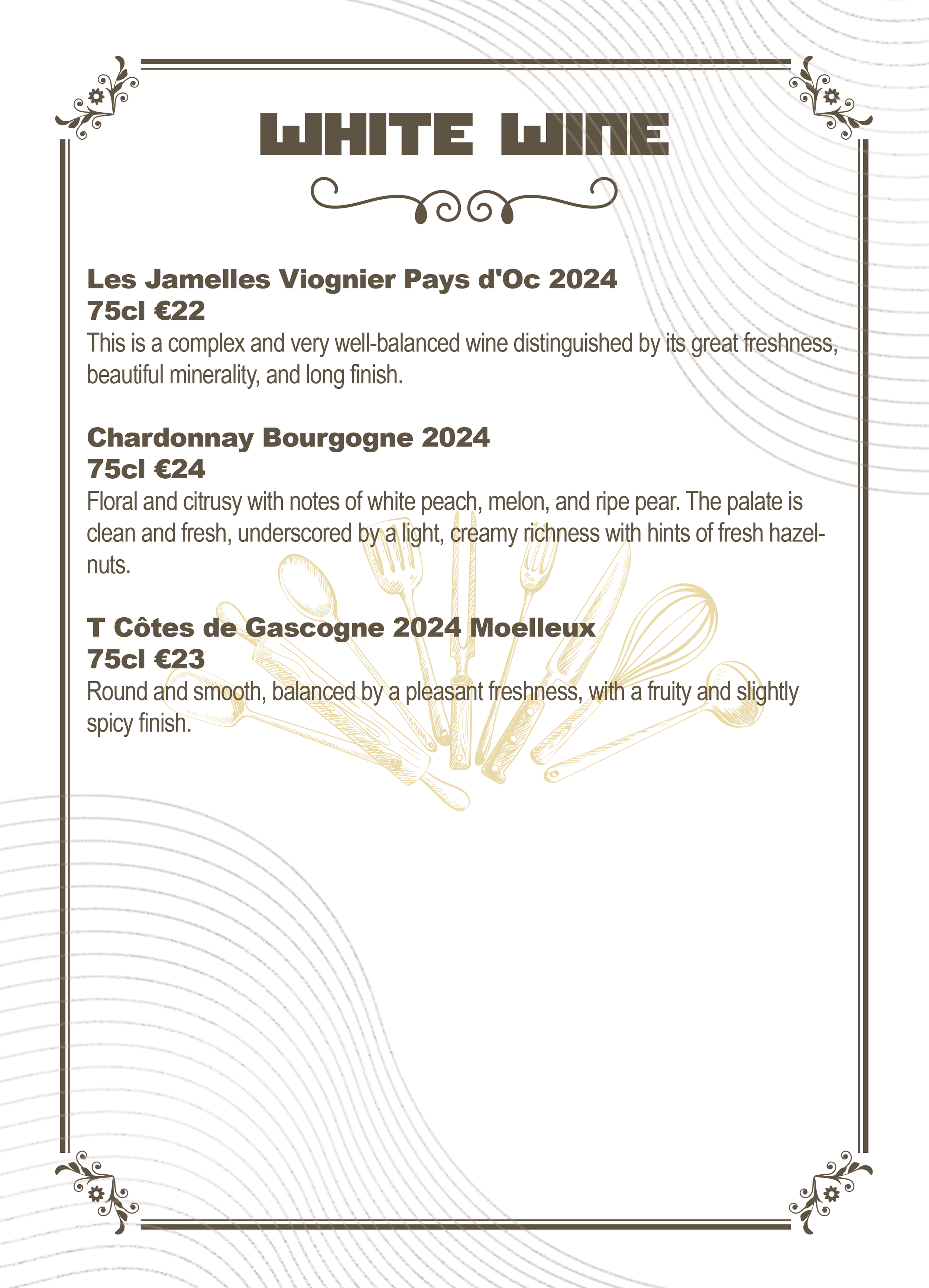 Wine menu featuring three white wines with descriptions and prices, decorated with floral corner accents and a line drawing of wine bottles and glasses.