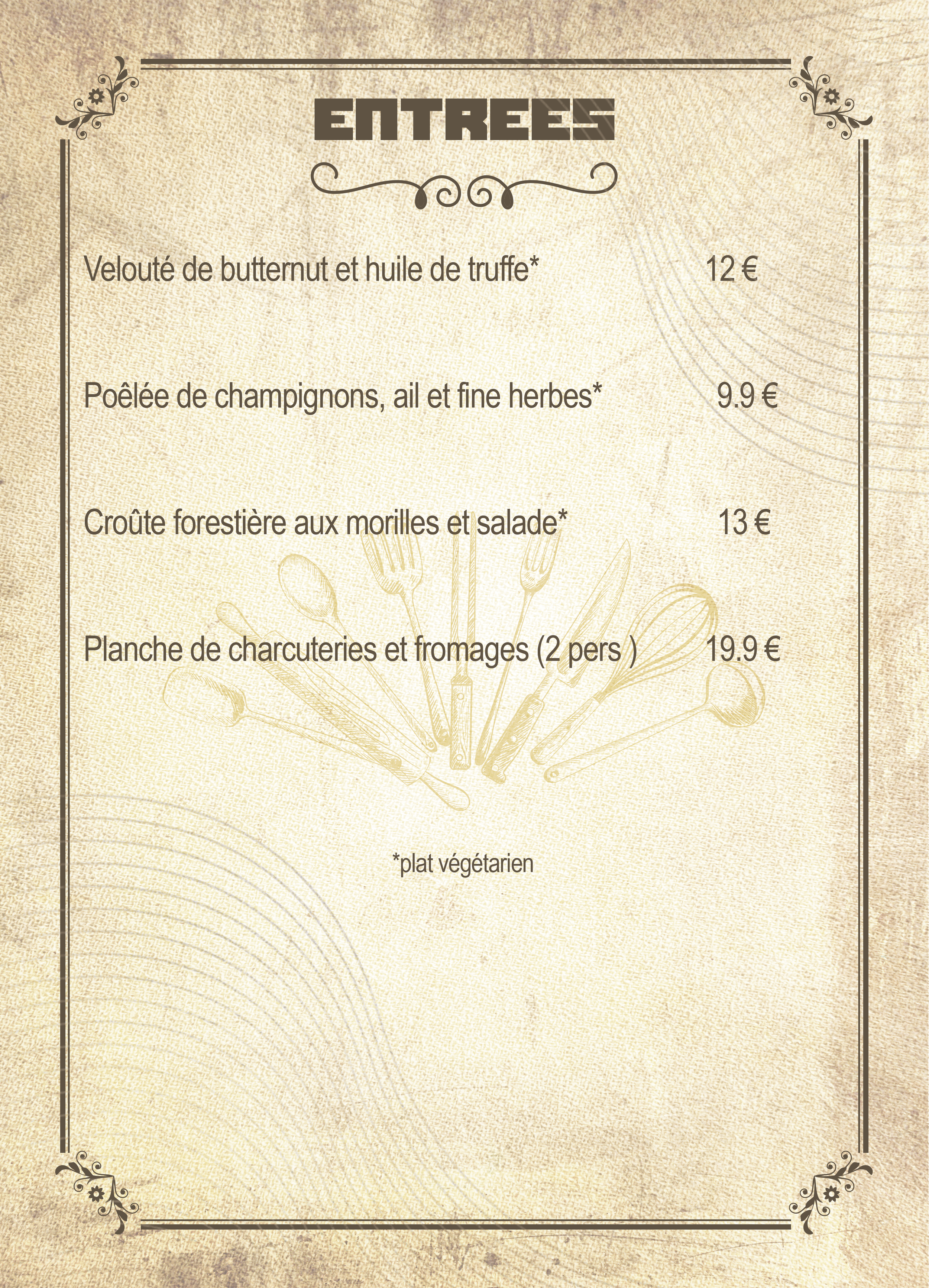A menu page with a vintage style and a beige background, listing starting dishes including butternut squash soup, sautéed mushrooms, forest-style crust, and cheese board, with prices in Euros.