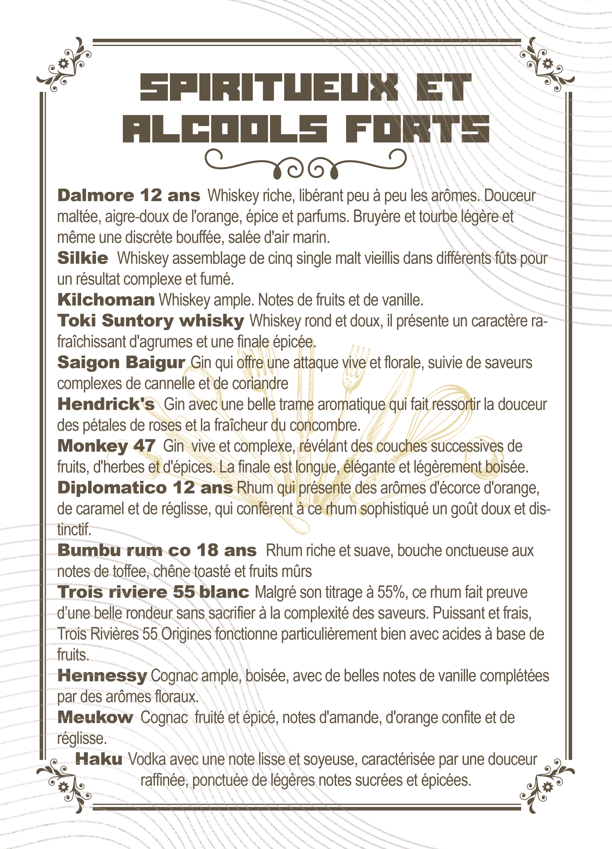 A menu with the title "Spiritueux et Alcools Forts" listing various alcoholic beverages and spirits with descriptions in French, decorated with floral and swirl designs.