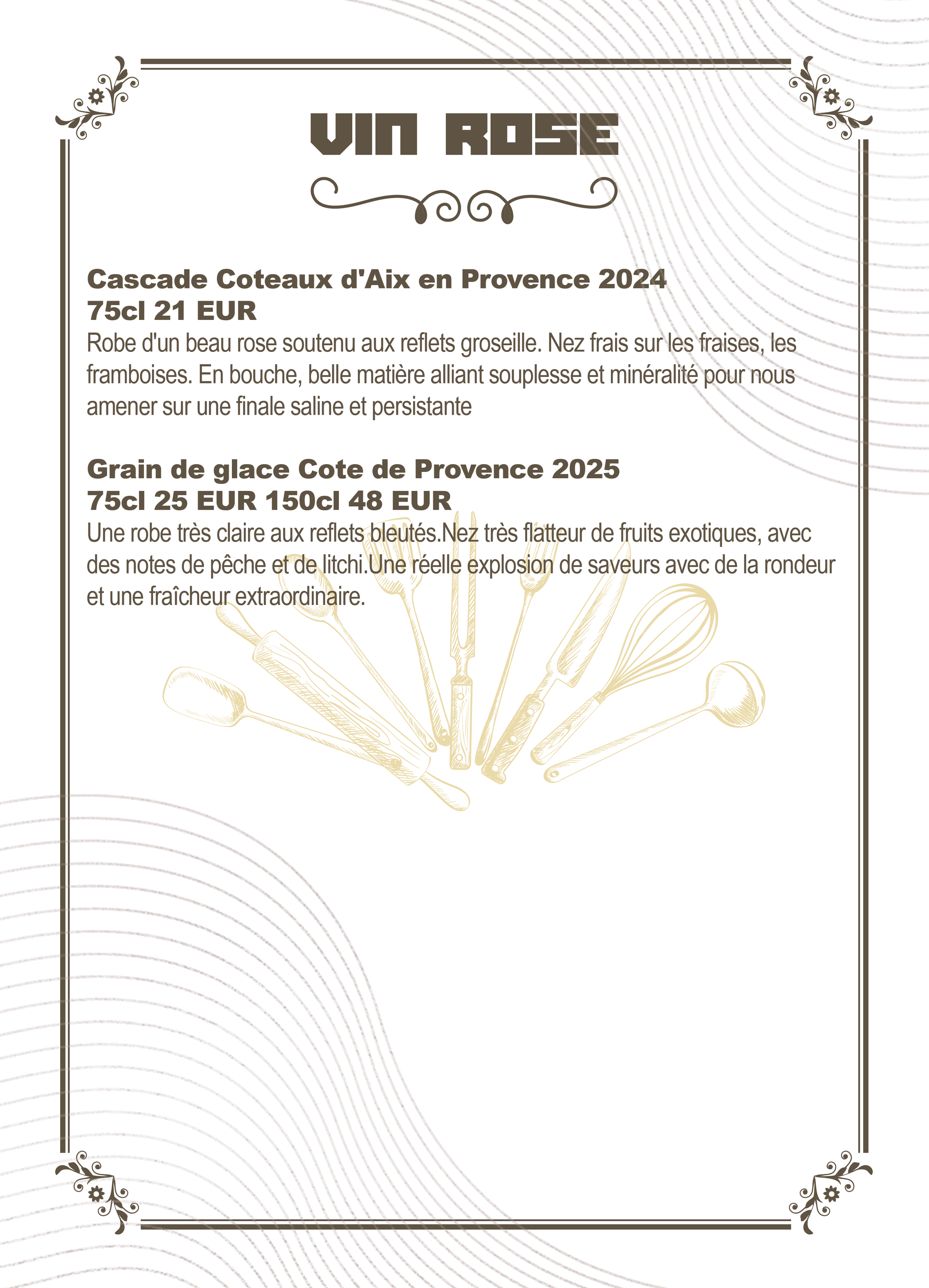 Wine menu with decorative borders, featuring two wine options: Vin Rose and Grain de glace Cote de Provence, with descriptions and prices.
