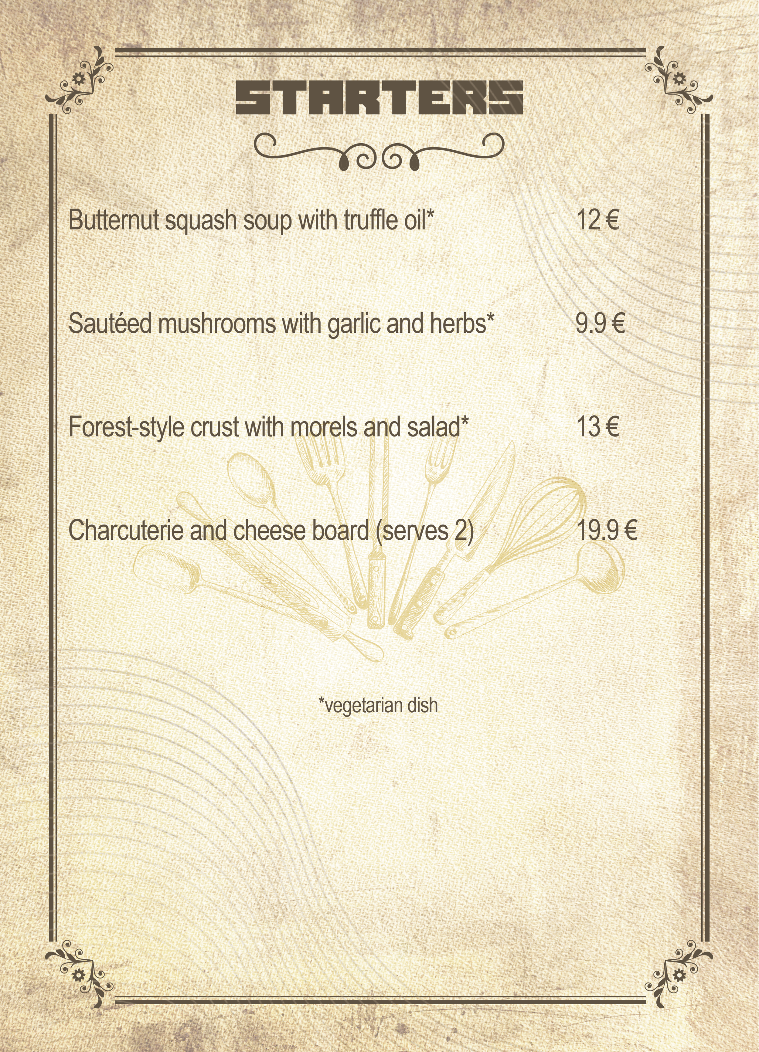 A menu page with a vintage style and a beige background, listing starting dishes including butternut squash soup, sautéed mushrooms, forest-style crust, and cheese board, with prices in Euros.