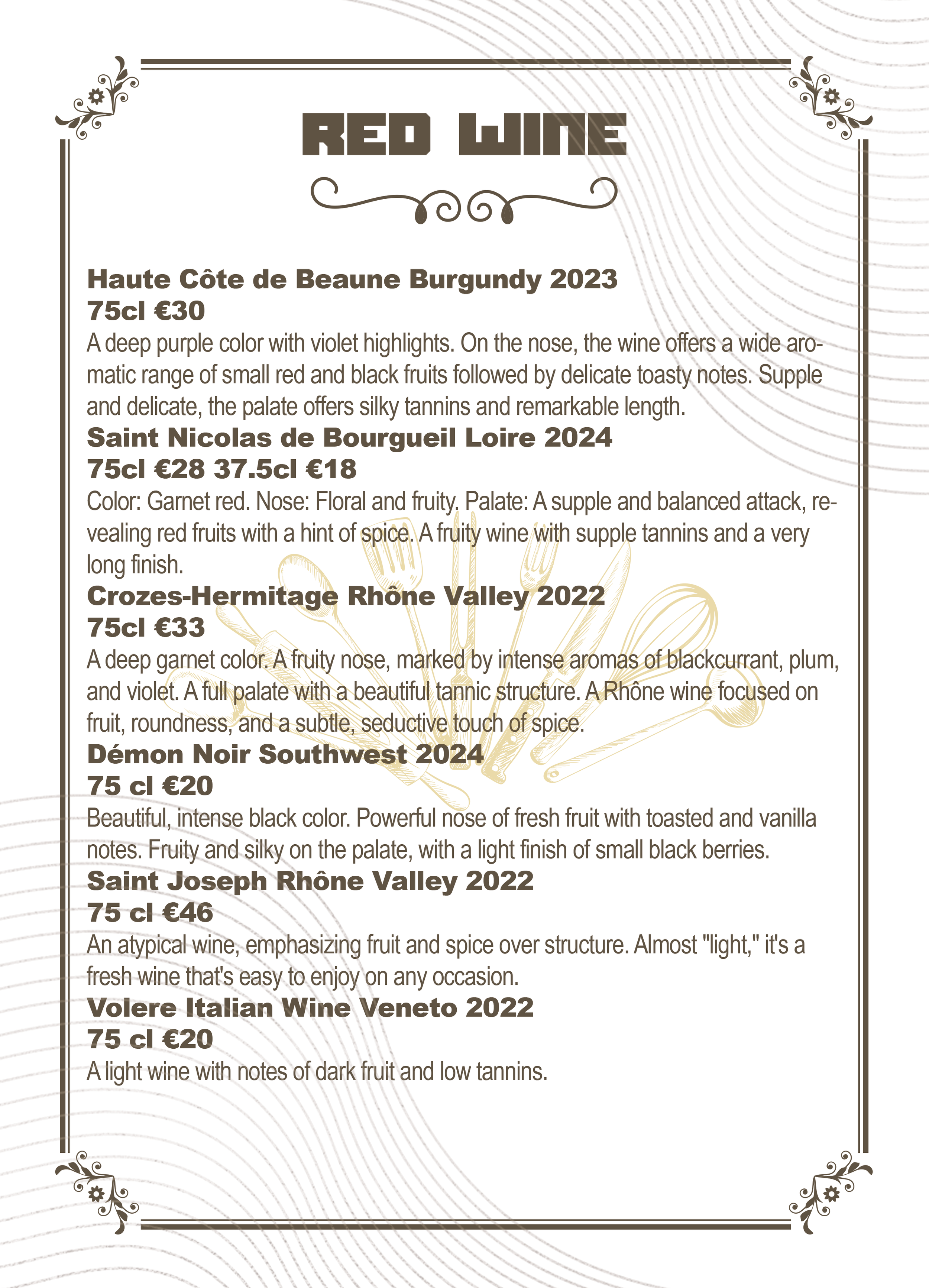 A wine menu displaying various red wines with descriptions, prices, and tasting notes.