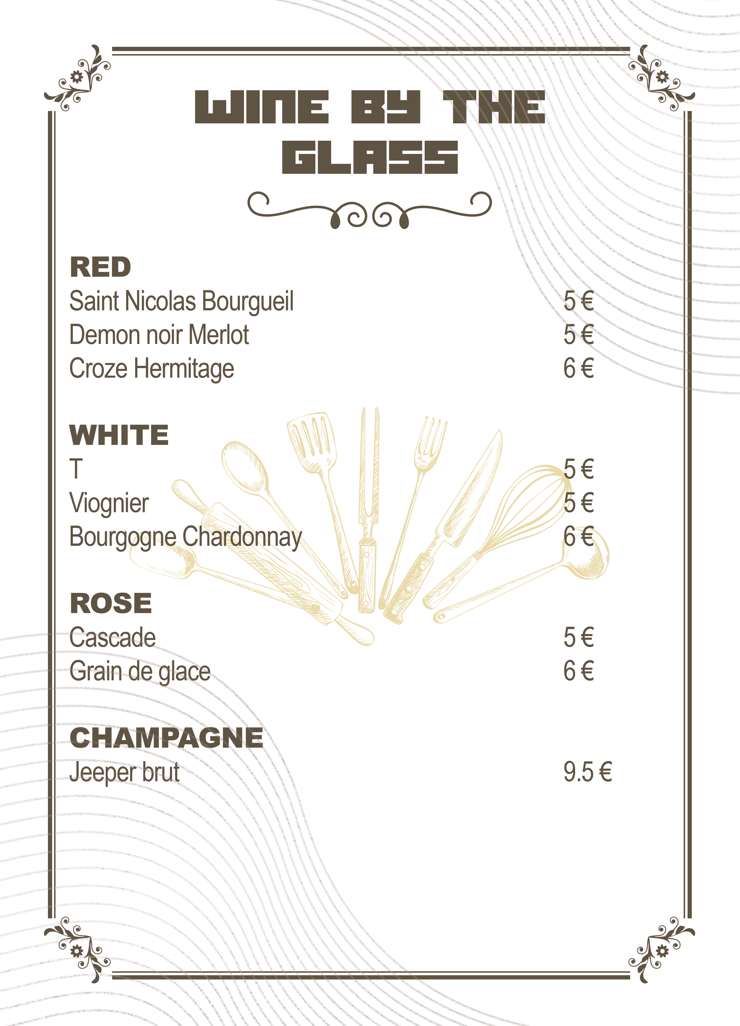 Wine menu with categories of red, white, rosé, and champagne, listing wine names and prices in euros, with decorative elements and a fork, knife, spoon, and glass illustration in the center.