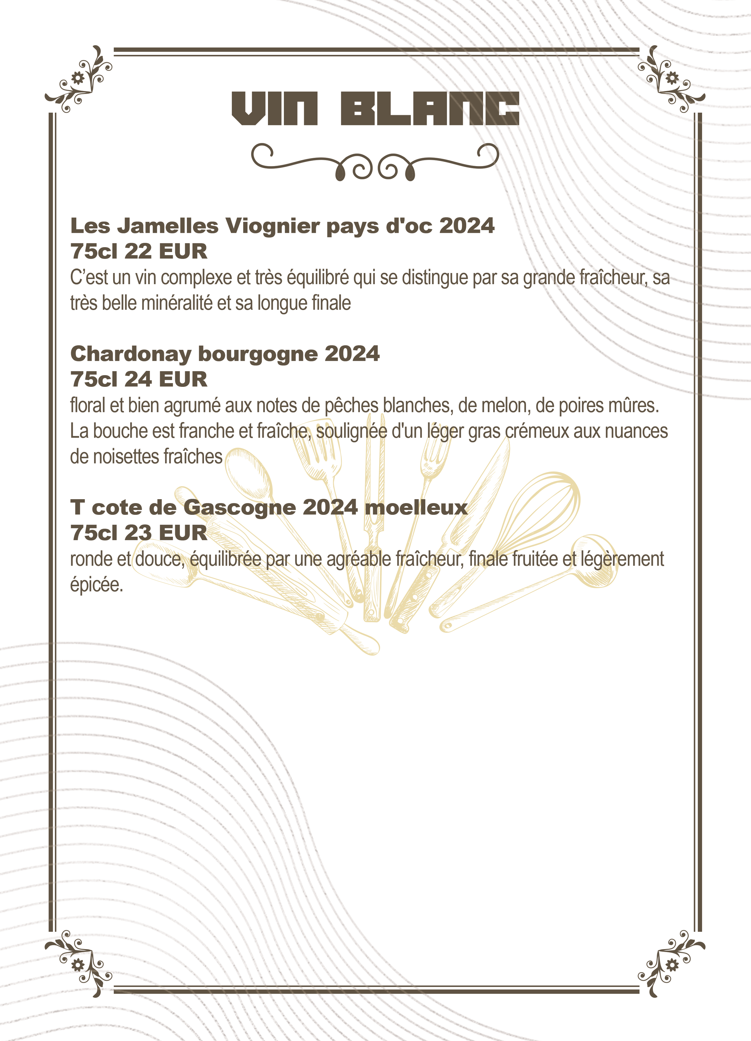 Wine menu written in French with descriptions and prices for three different wines, decorated with faint line art of cooking utensils in the background and floral corner designs.