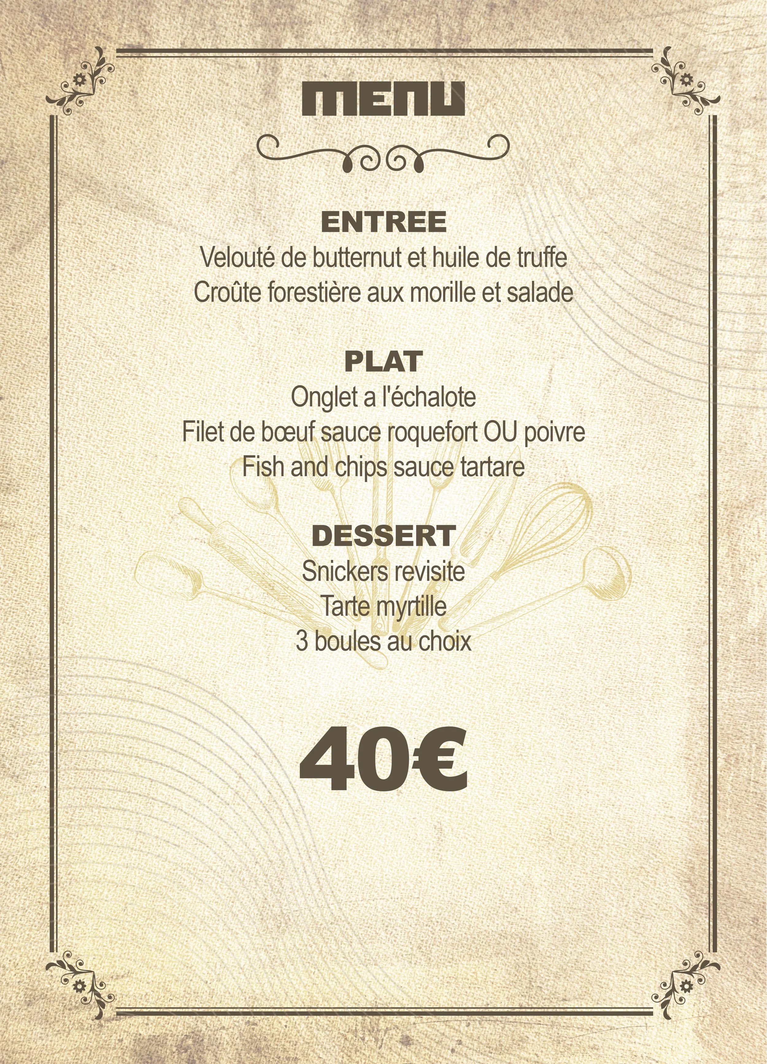 A menu in French with three sections: Entrée, Plat, and Dessert, listing various food options and prices, on a beige background with decorative borders.