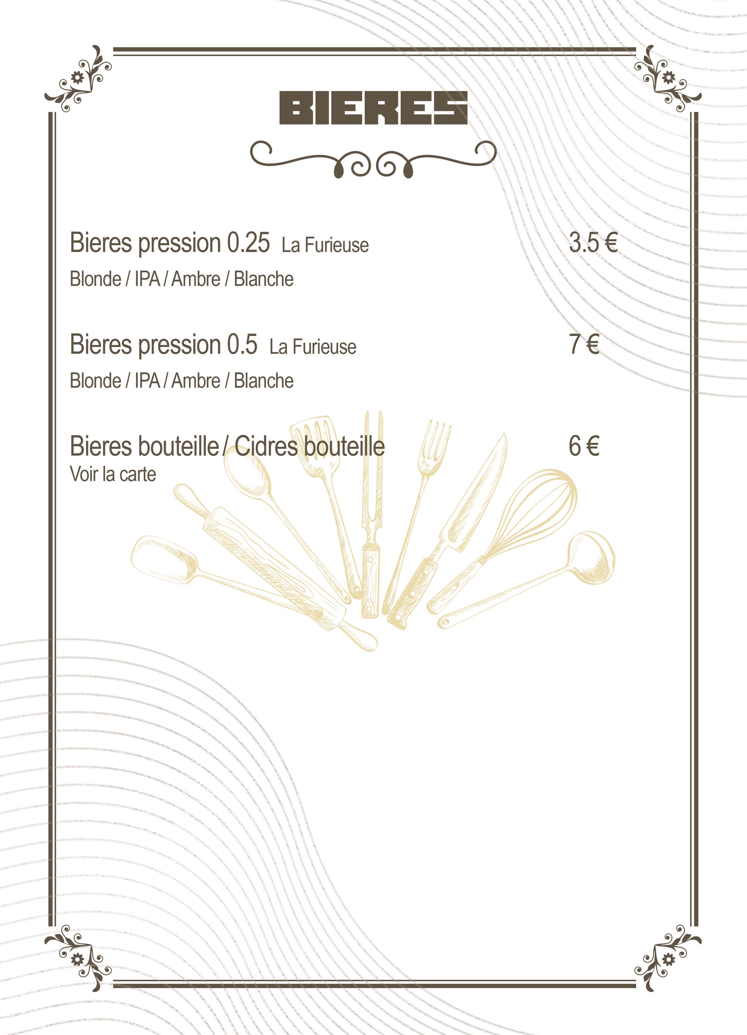 Menu displaying different types of beers with prices listed in euros, featuring options of pressurized beers, bottled beers, and ciders, with decorative borders and illustrations of utensils.