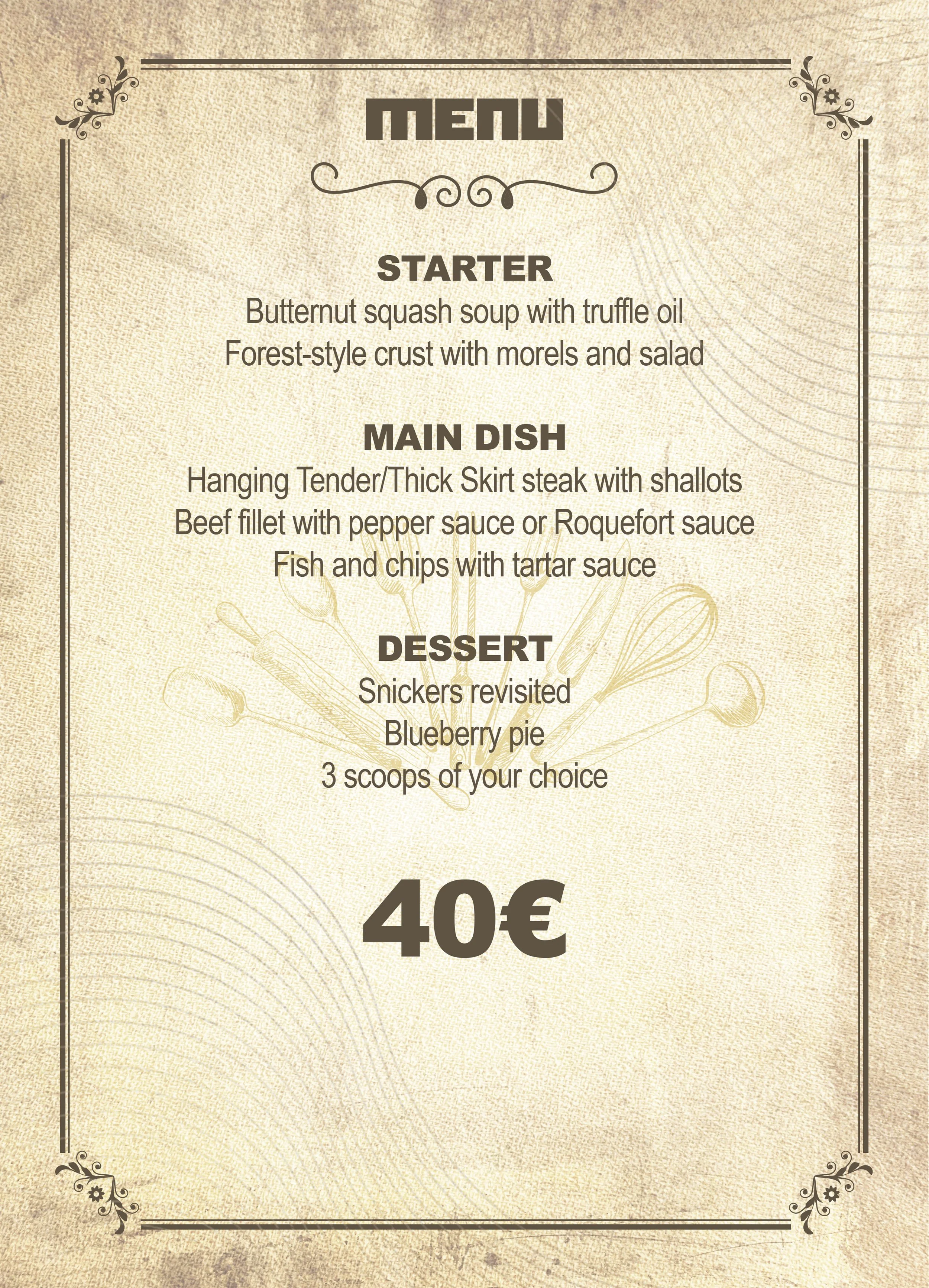 Vintage-style menu with sections for starter, main dish, and dessert, priced at 40 euros.