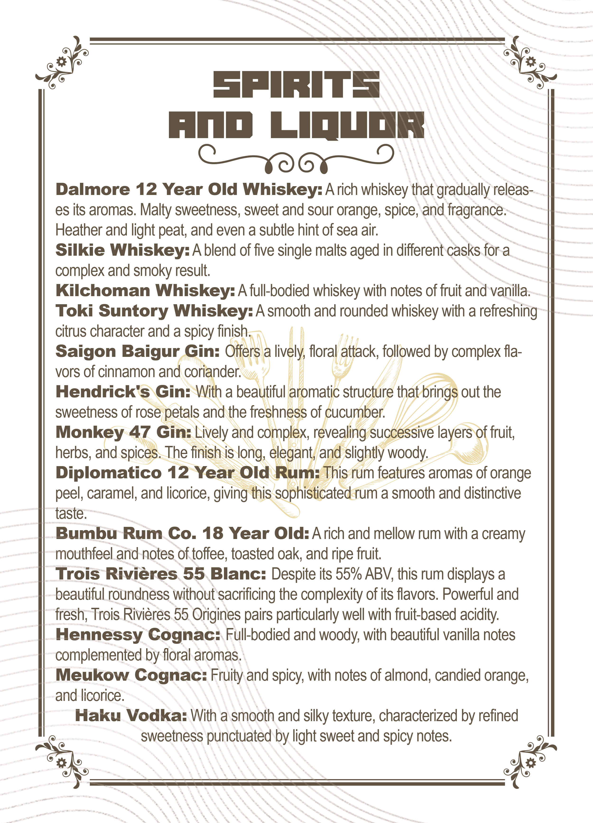 A menu listing various spirits and liquors, including whiskeys, gins, rums, and cognacs, with descriptions of their flavors and characteristics.