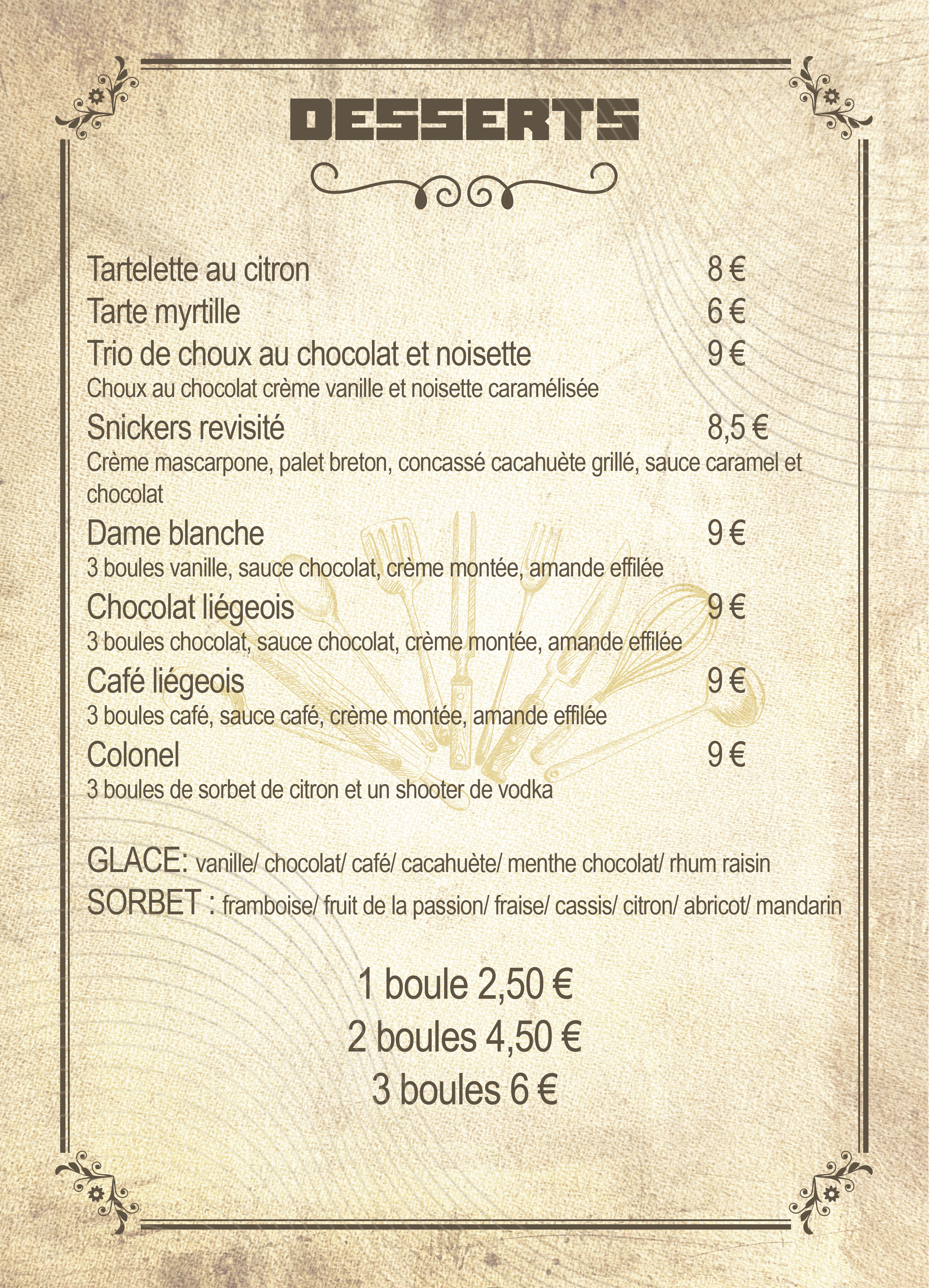 List of desserts with names, descriptions, and prices, including lemon tart, blueberry tart, assorted chocolates, snickers, and various ice creams and sorbets, on a beige background.