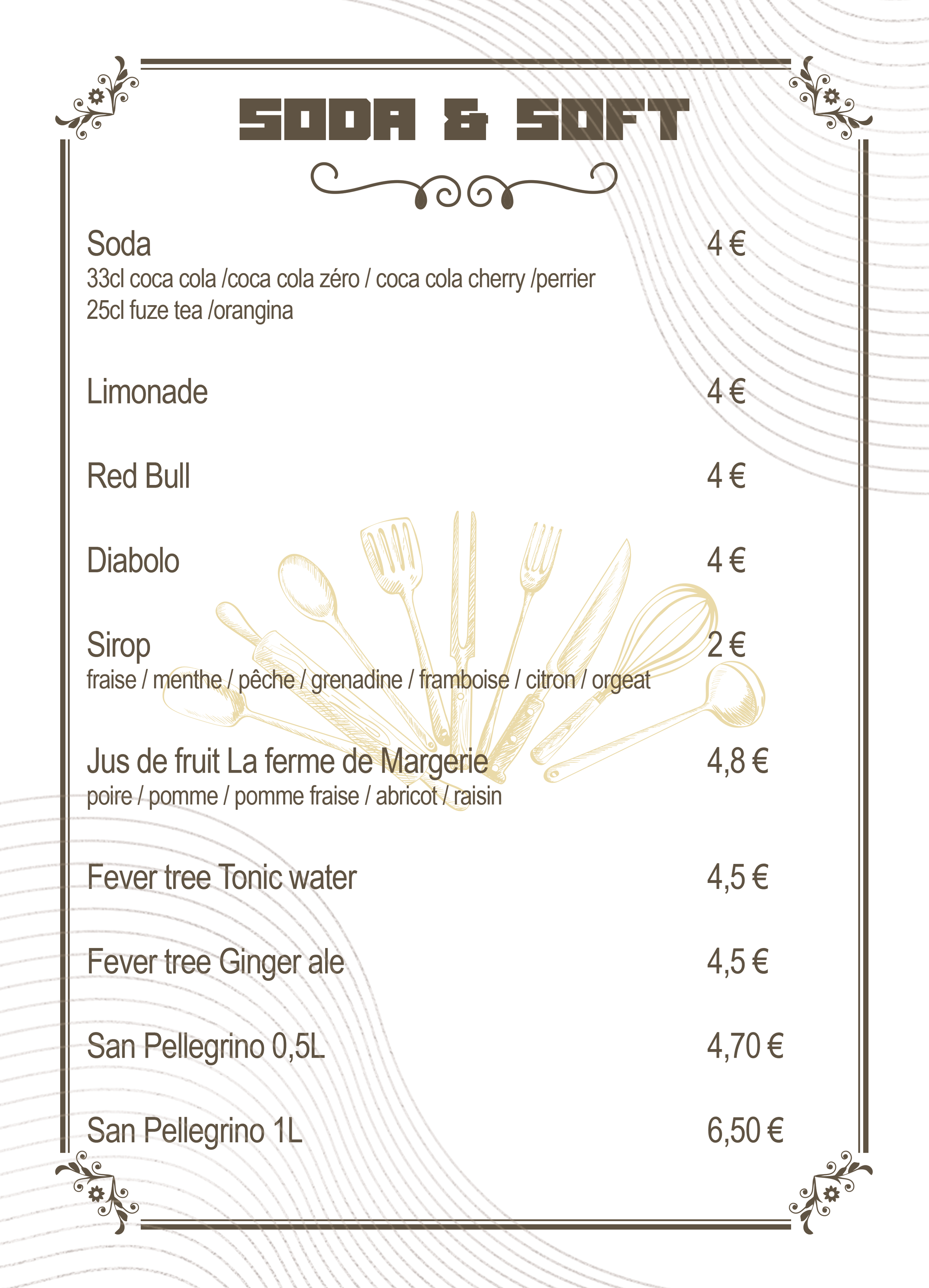 Menu listing various soda, lemonade, Red Bull, Diabolo, fruit juice, tonic water, ginger ale, and bottled water options with prices in euros.