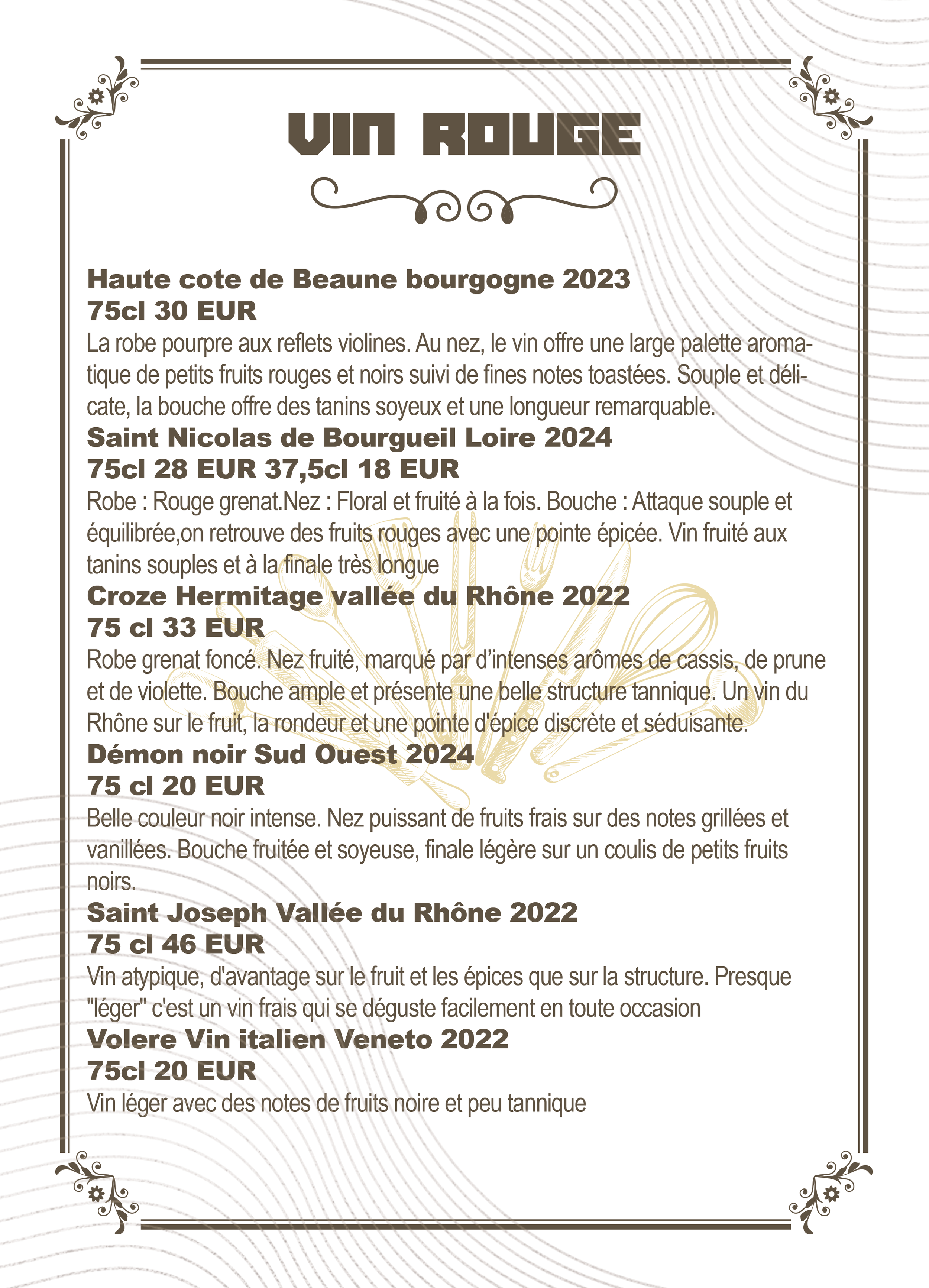 Wine menu with various French wines listed, including details on each wine's region, year, volume, price, and tasting notes.