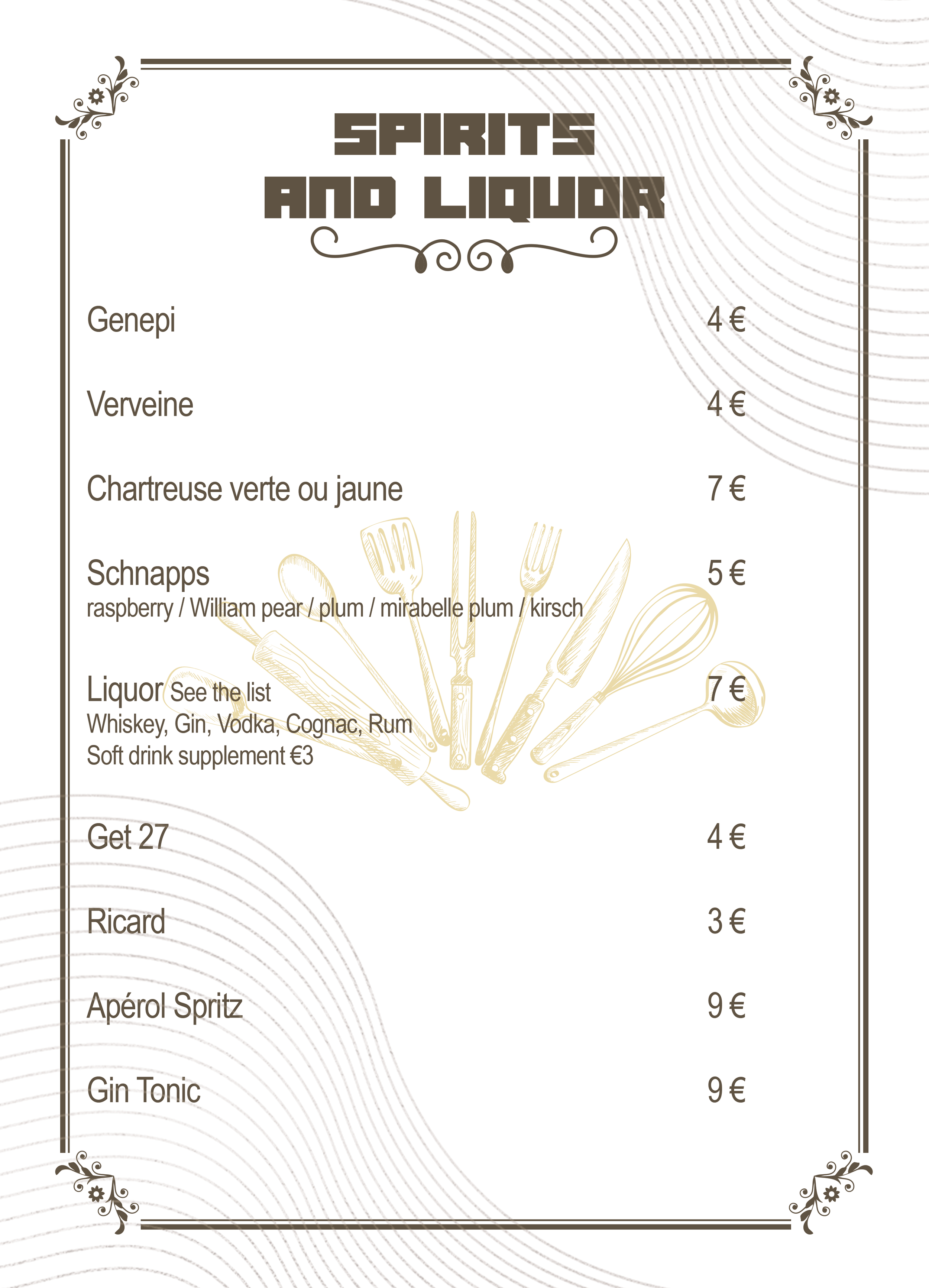 Menu titled "Spirits and Liquor" listing various alcoholic beverages with prices, including Genepi, Verveine, Chartreuse, Schnapps, Liquor, Get 27, Ricard, Apérol Spritz, and Gin Tonic, designed with decorative borders and a fork, knife, and spoon il