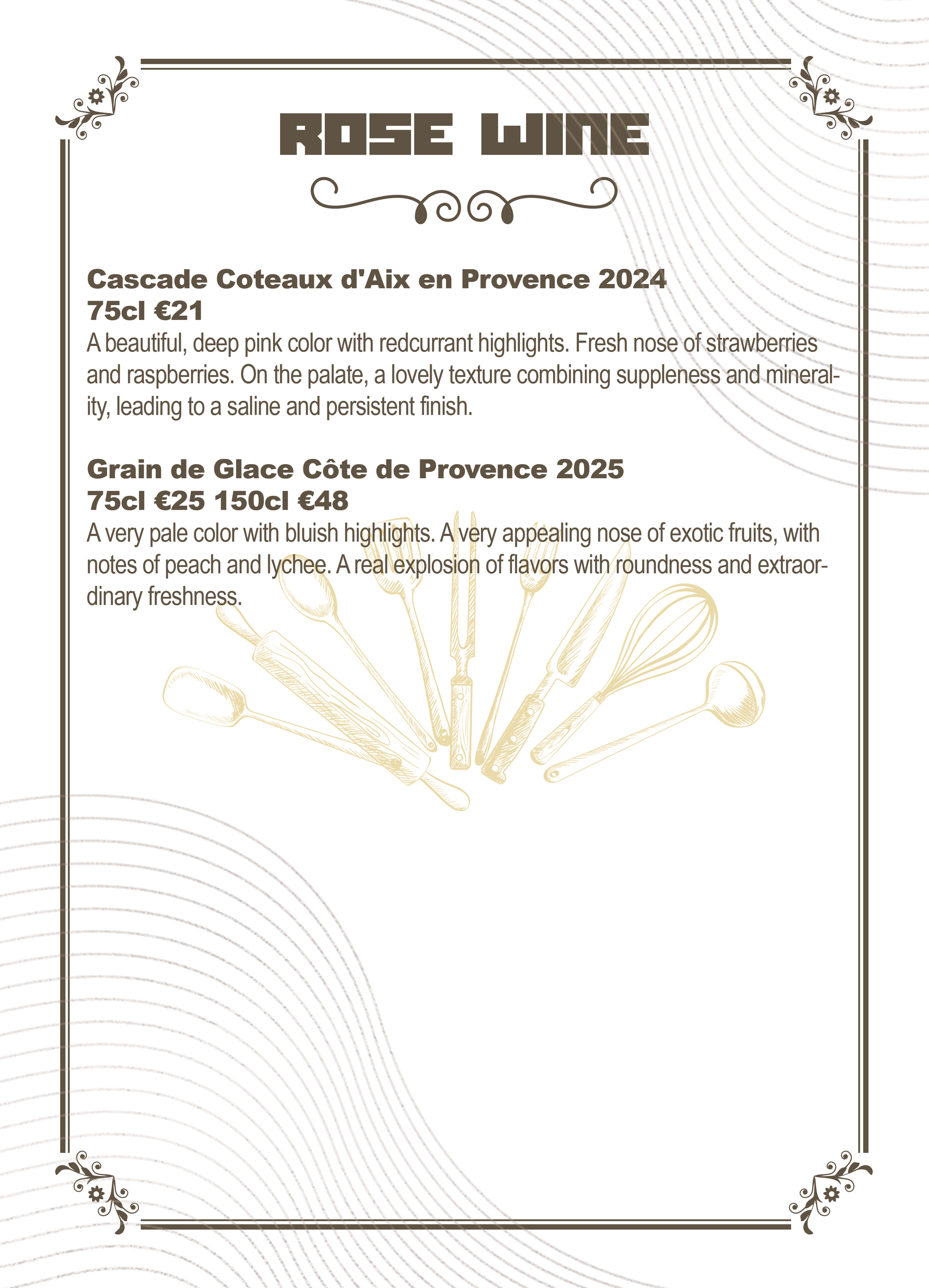 Wine menu with descriptions of Rosé and Provence white wine, featuring decorative line art, floral accents, and a soft beige background.