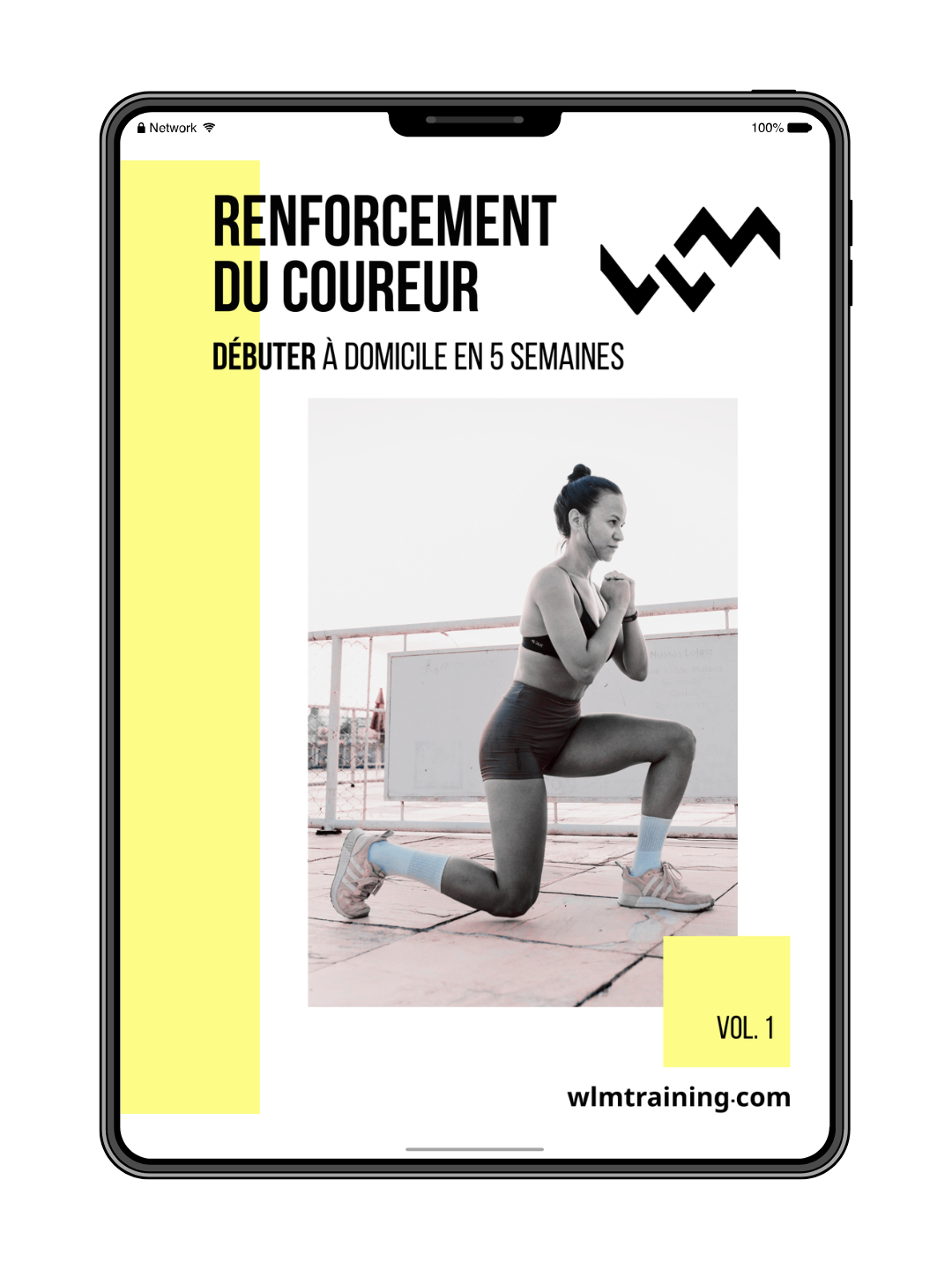Affiche de programme de renforcement du muscle coureur, avec une femme en position de genou au sol en pleine séance d'entraînement, semaine de début à domicile, volume 1, site web wlmtraining.com