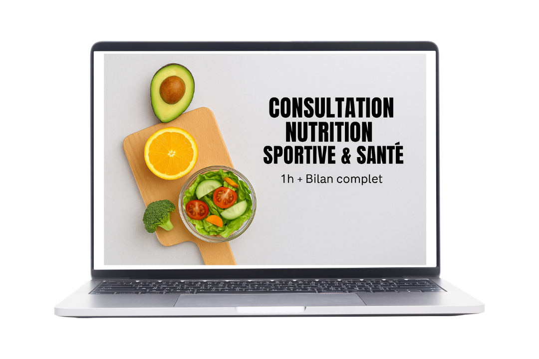 Écran d'ordinateur affichant une vignette avec des ingrédients alimentaires comme avocat, orange, salade, brocoli, tomate, et un texte en français sur une consultation en nutrition sportive et santé.