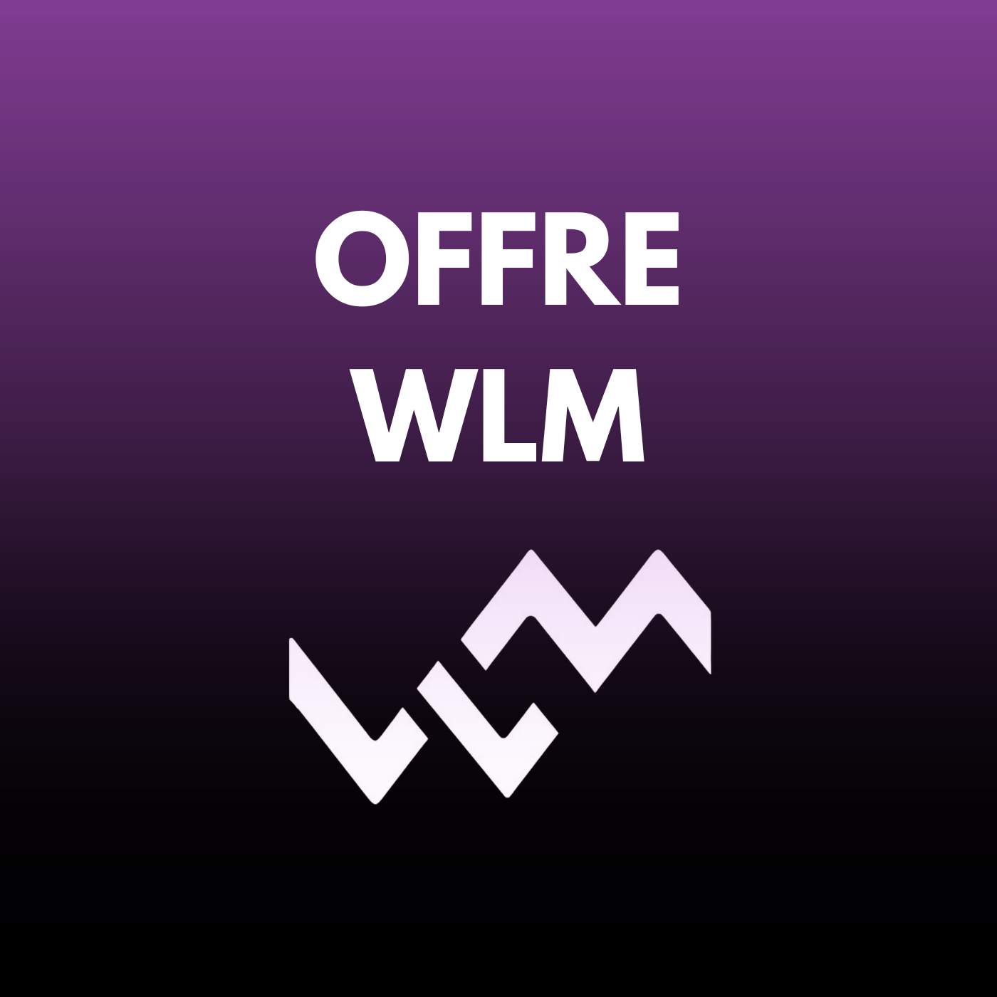Image avec un fond dégradé violet et noir, texte en français et symbole en bas. Le texte dit "OFFRE WLM" et le symbole en bas est constitué de plusieurs formes géométriques blanches évoquant un graphique ou une cheminée stylisée.