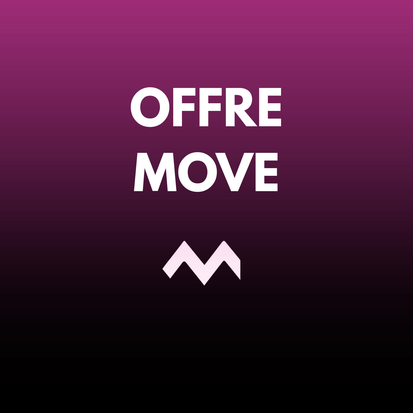 Un fond dégradé violet avec le texte blanc "Offre Mouv" et un symbole de deux montagnes stylisées en bas.