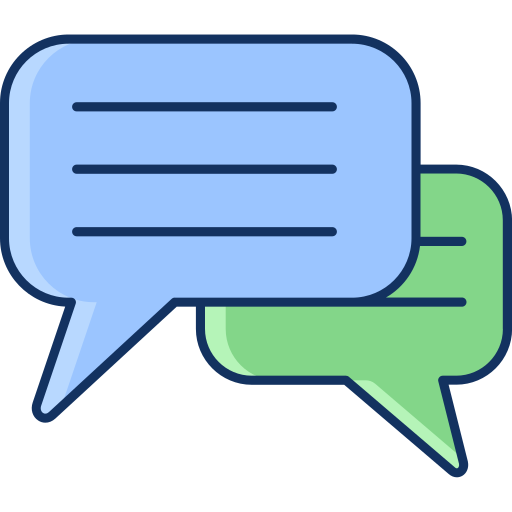 Deux bulles de dialogue, une bleue et une verte, représentant une conversation.