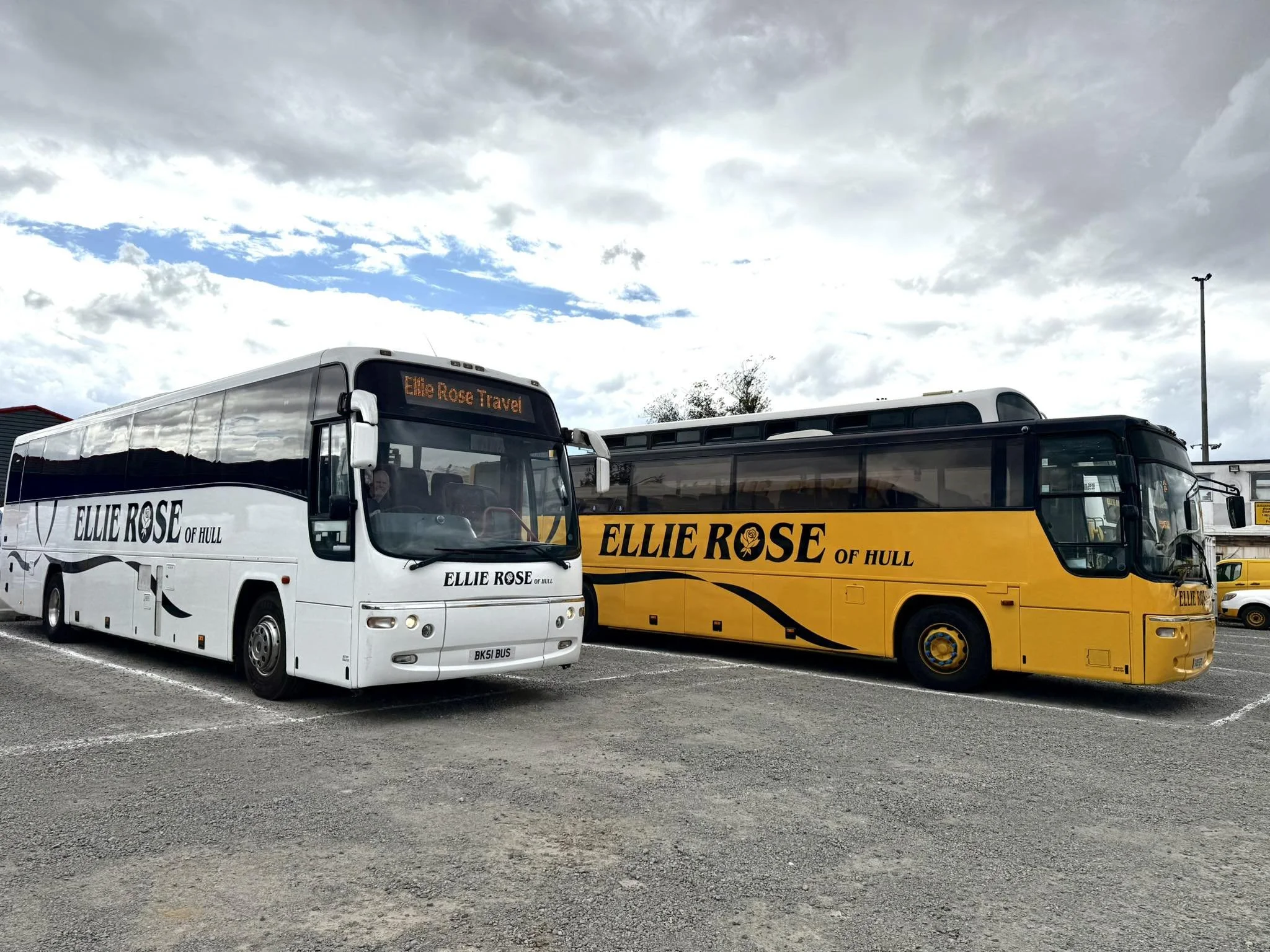 Two buses parked in a lot with a cloudy sky above. One bus is white with black accents and the other is yellow with black accents, both displaying 'Ellie Rose of Hull' on their sides.
