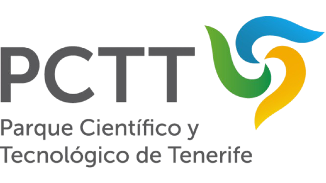 Logotipo del Parque Científico y Tecnológico de Tenerife con letras en gris y un diseño colorido.