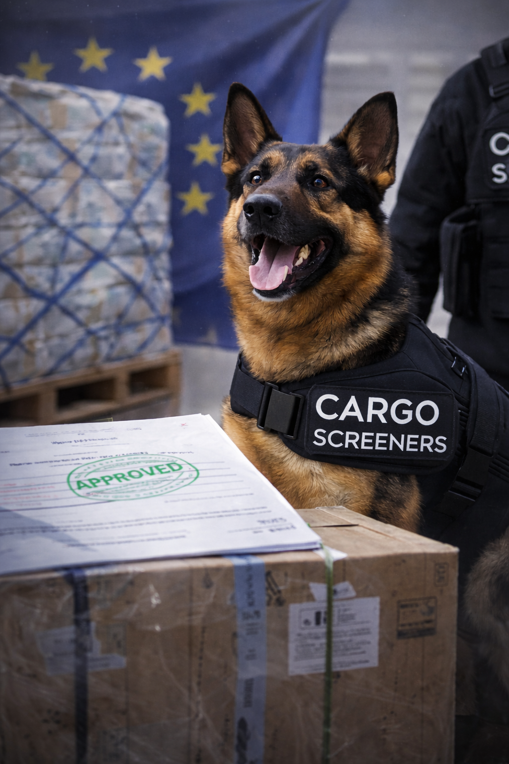A police dog with a black vest labeled 'Cargo Screeners' sitting next to a stack of cargo boxes with an approved stamp, in front of a European Union flag.
