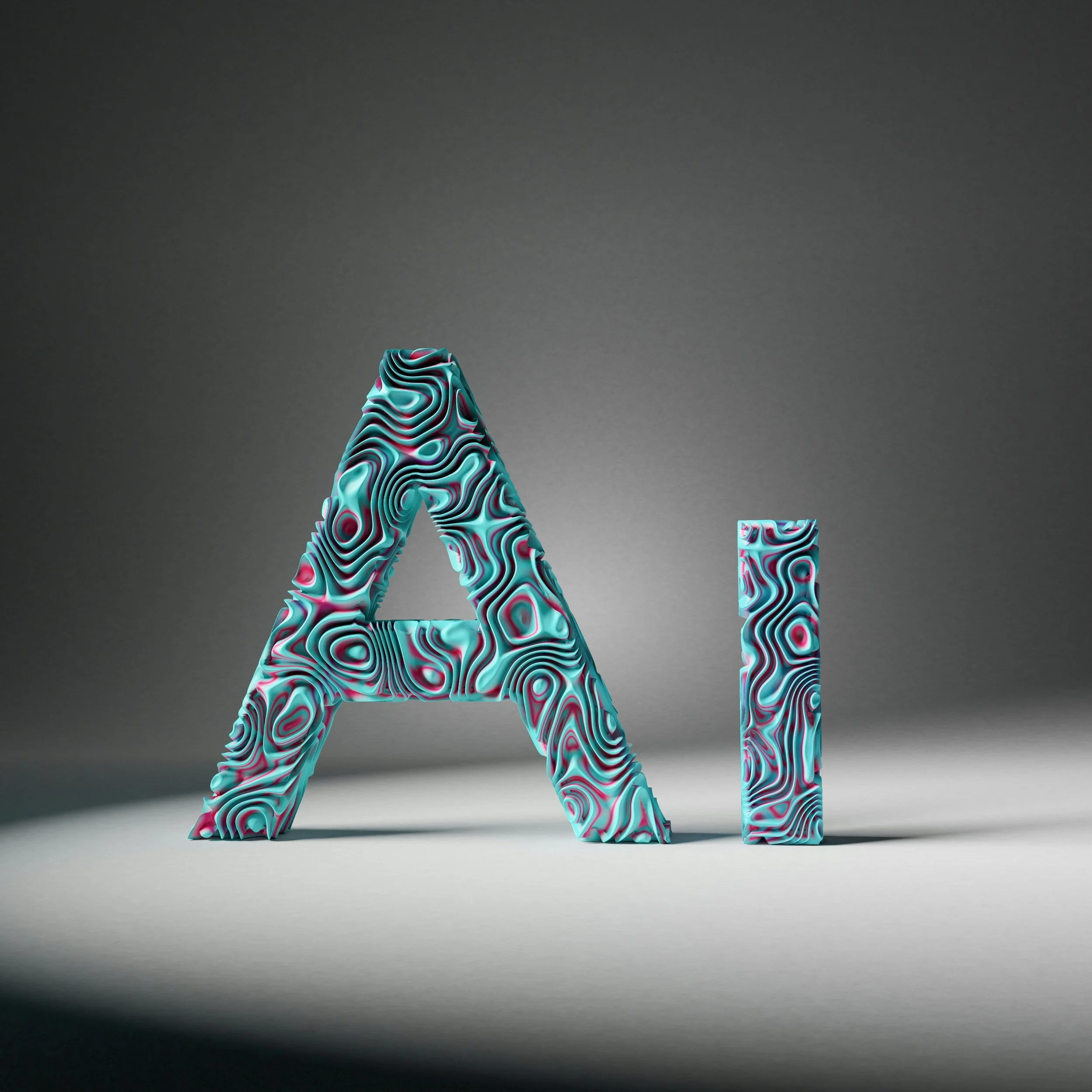 Decorative 3D letters A and I with colorful swirling patterns on a neutral background.