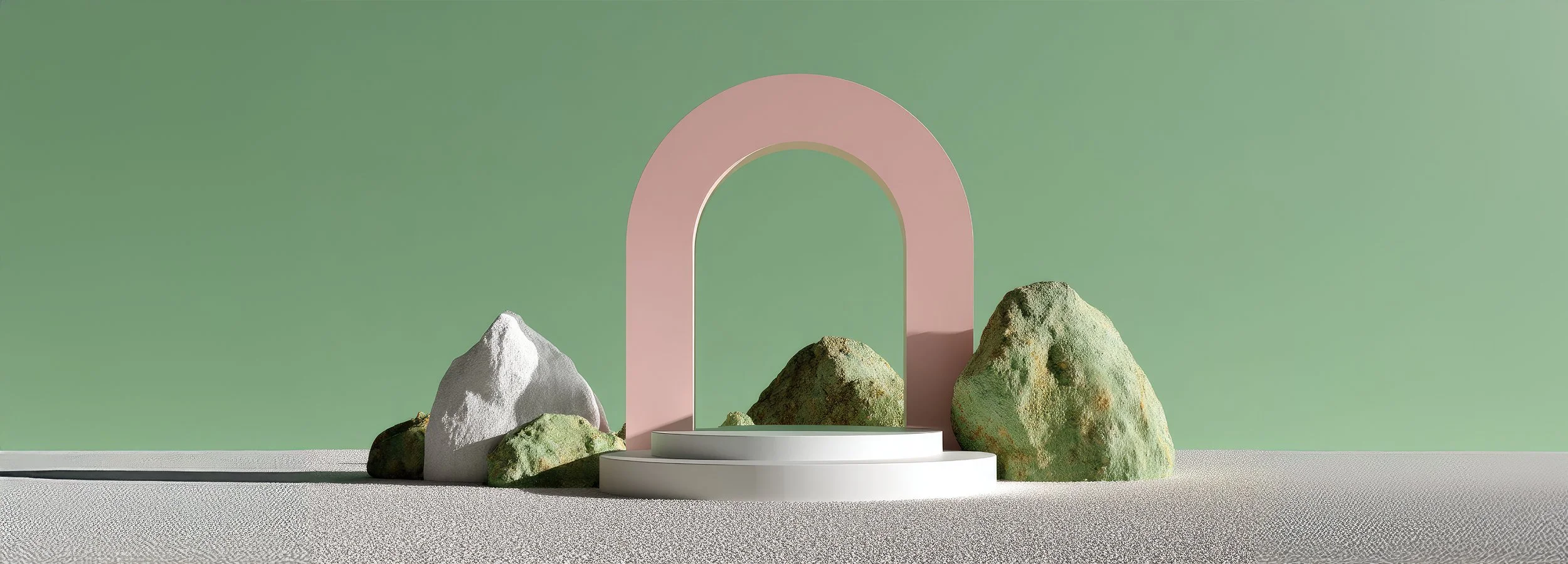 A minimalist artistic scene with a pink arch, white circular platform, and large rocks with green and white surfaces against a light green background.