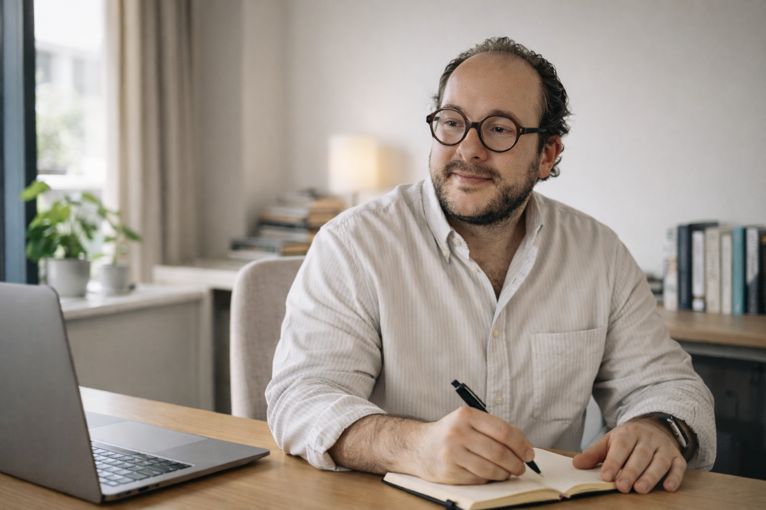 A man sitting at a desk with a laptop, writing in a notebook in a well-lit room.