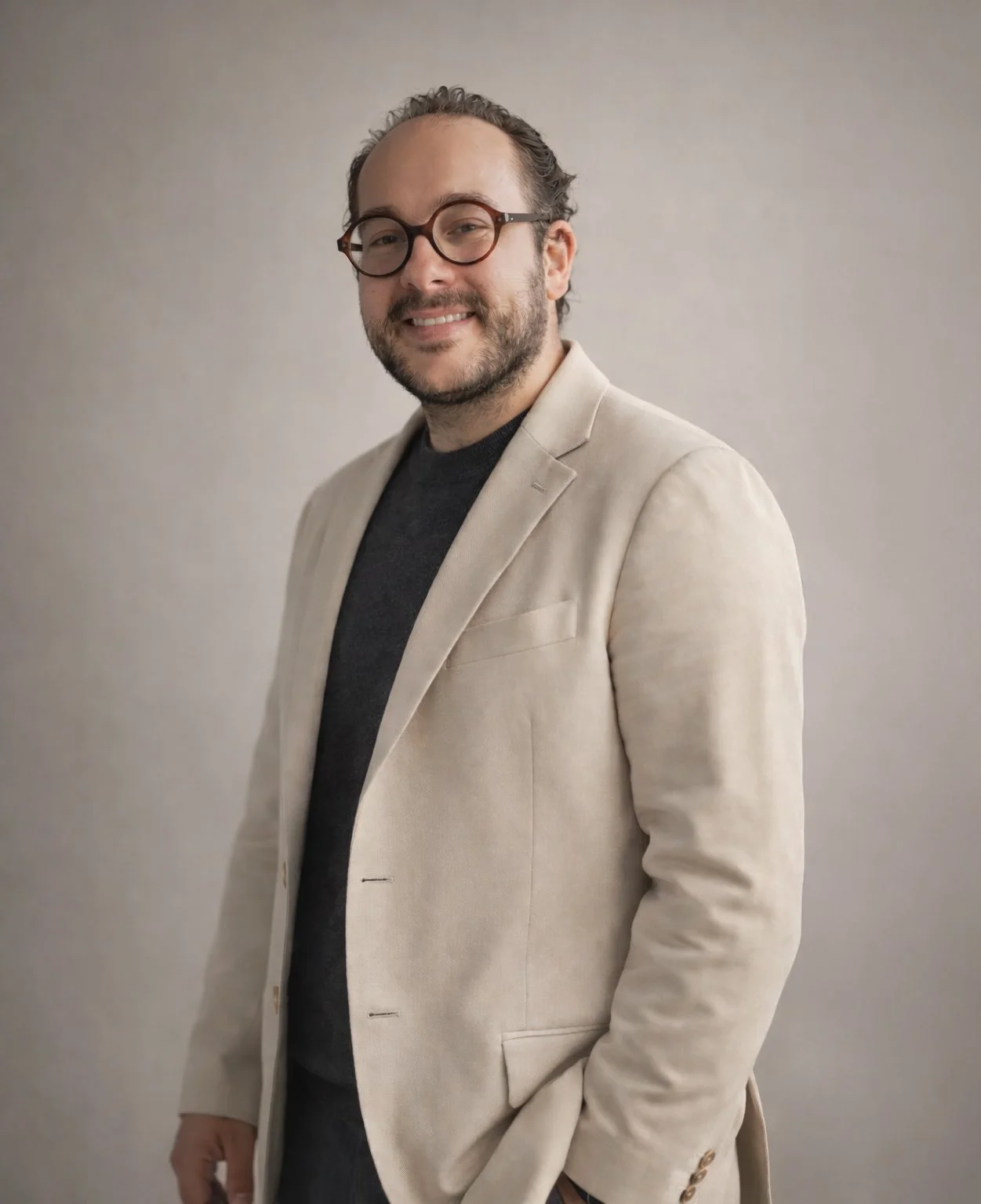 A man with glasses and a beard, wearing a beige blazer over a dark shirt, standing against a plain background.