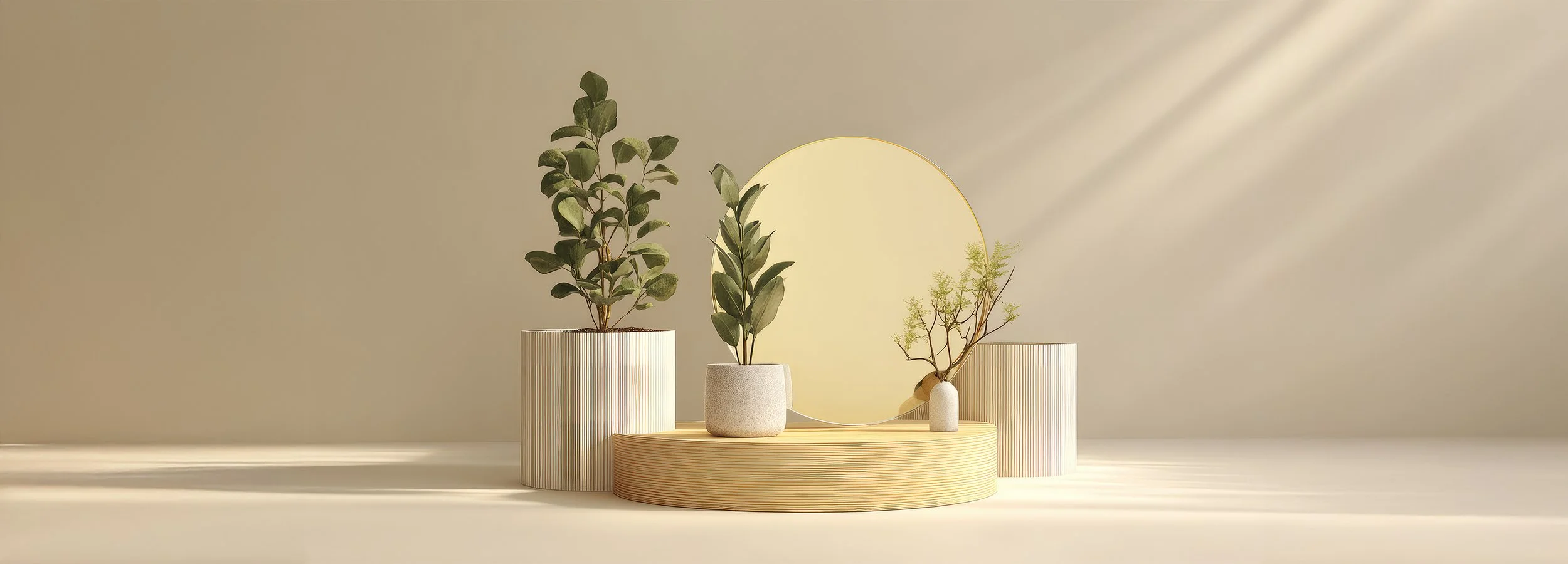 Minimalist indoor display with five potted plants on a circular wooden platform, set against a neutral background with soft sunlight and a round mirror.