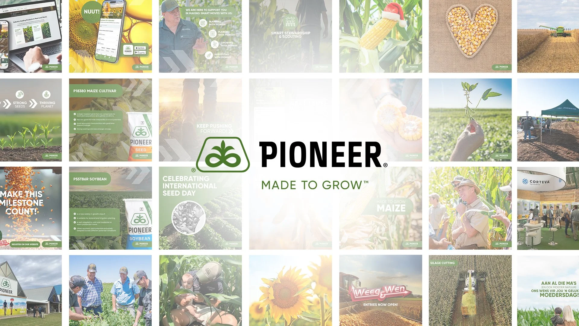Collage of images related to agriculture and Pioneer seed products, featuring farmers, seeds, crops, and farming equipment, with Pioneer logo and slogan 'Made to Grow' in the center.