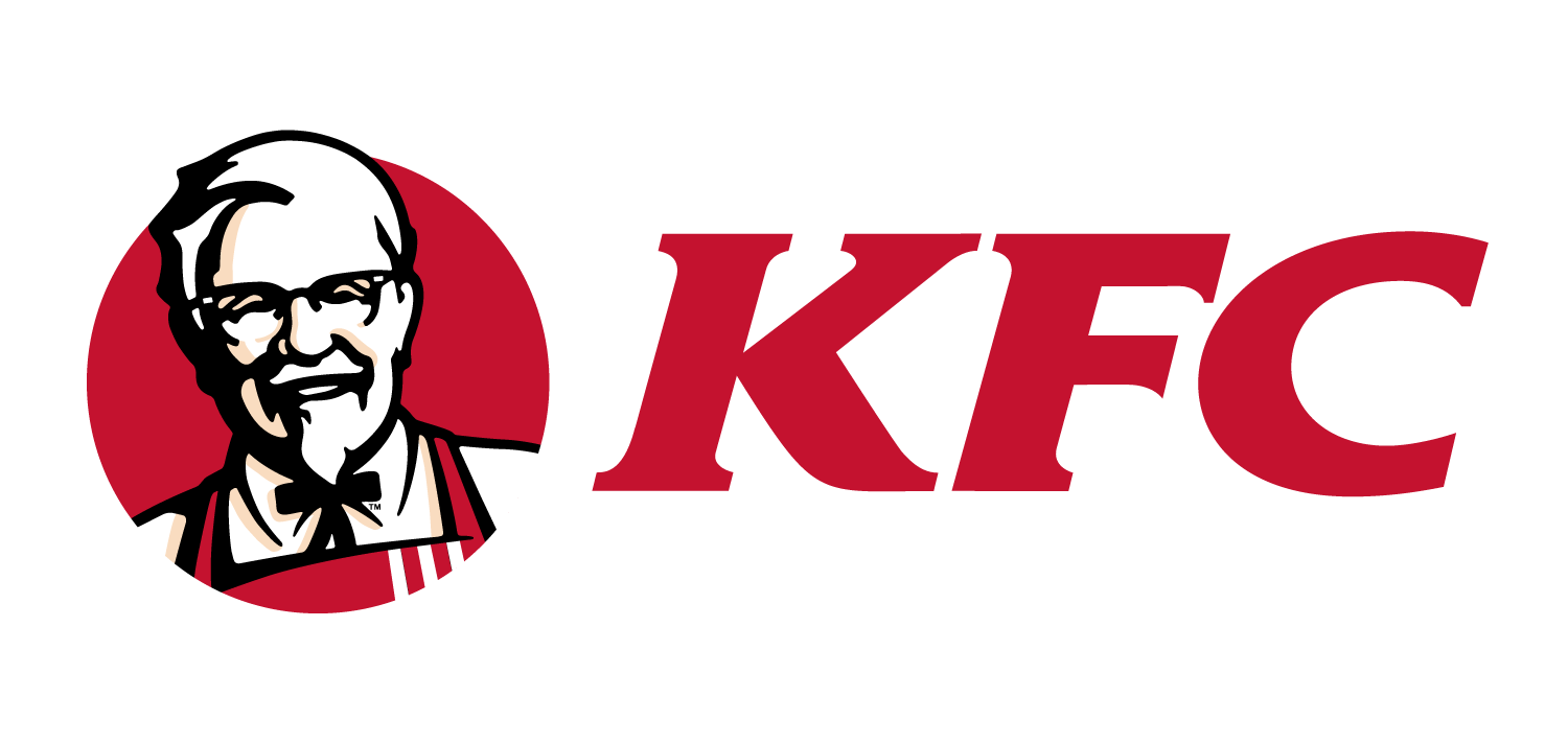 KFC logo featuring Colonel Sanders' face and the red and white lettering of 'KFC' on a black background.