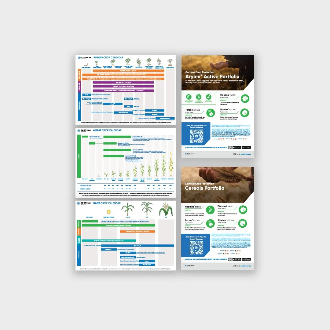 A collection of crop calendars and promotional flyers for Corteva, showcasing wheat, maize, and other crop plans, with images of hands holding seedlings and harvested crops.