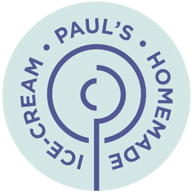 Circular logo with a light blue background and dark blue text that reads "Ice Cream. Paul’s. Homemade." Surrounding a stylized ice cream cone illustration.
