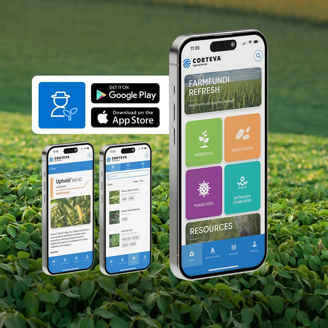 Mobile app screens on a smartphone showing agricultural management features, with a background of green crops and icons for app store downloads.