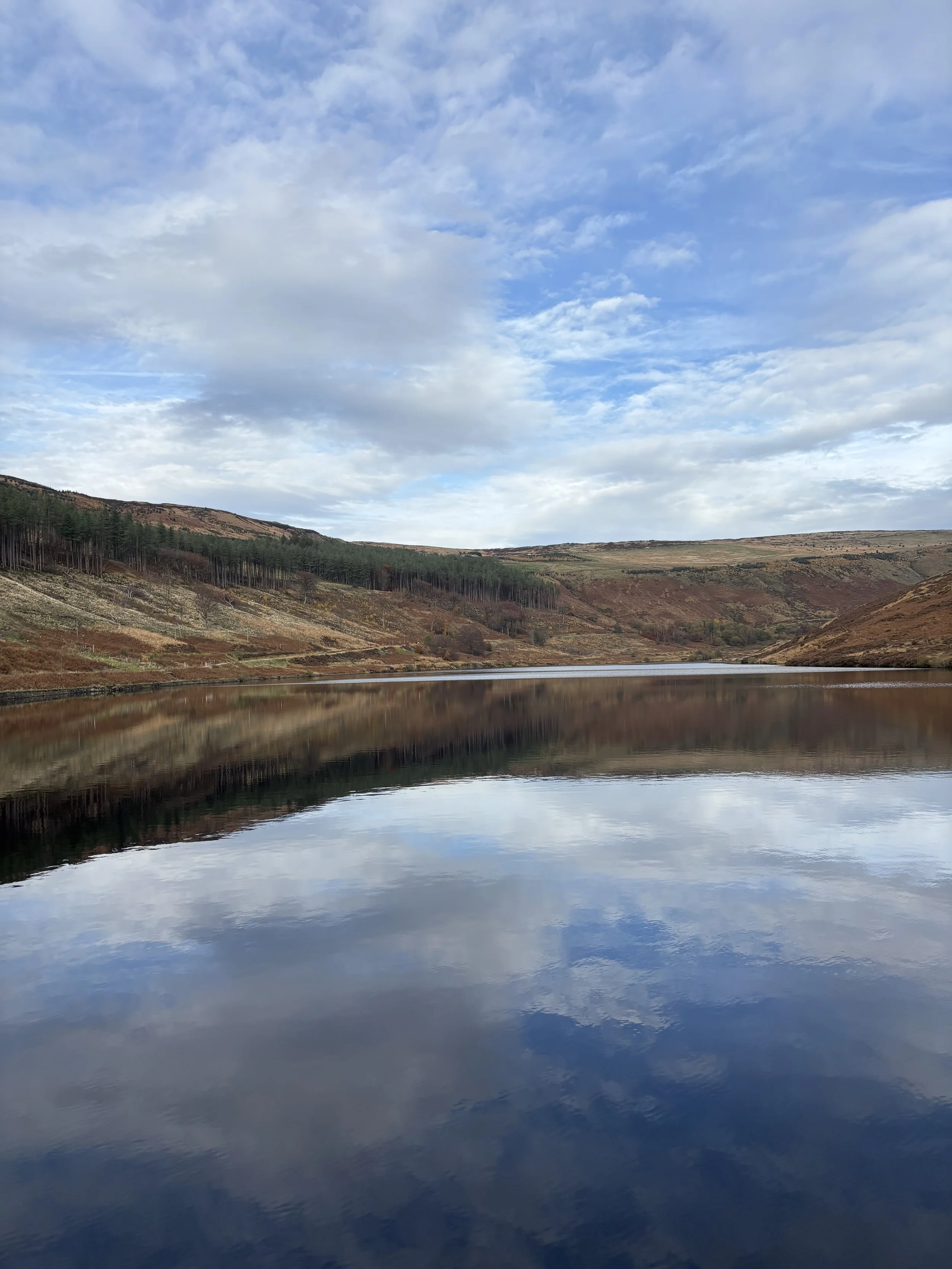 A calm lake reflecting the partly cloudy sky and distant hills with patches of trees and grass.