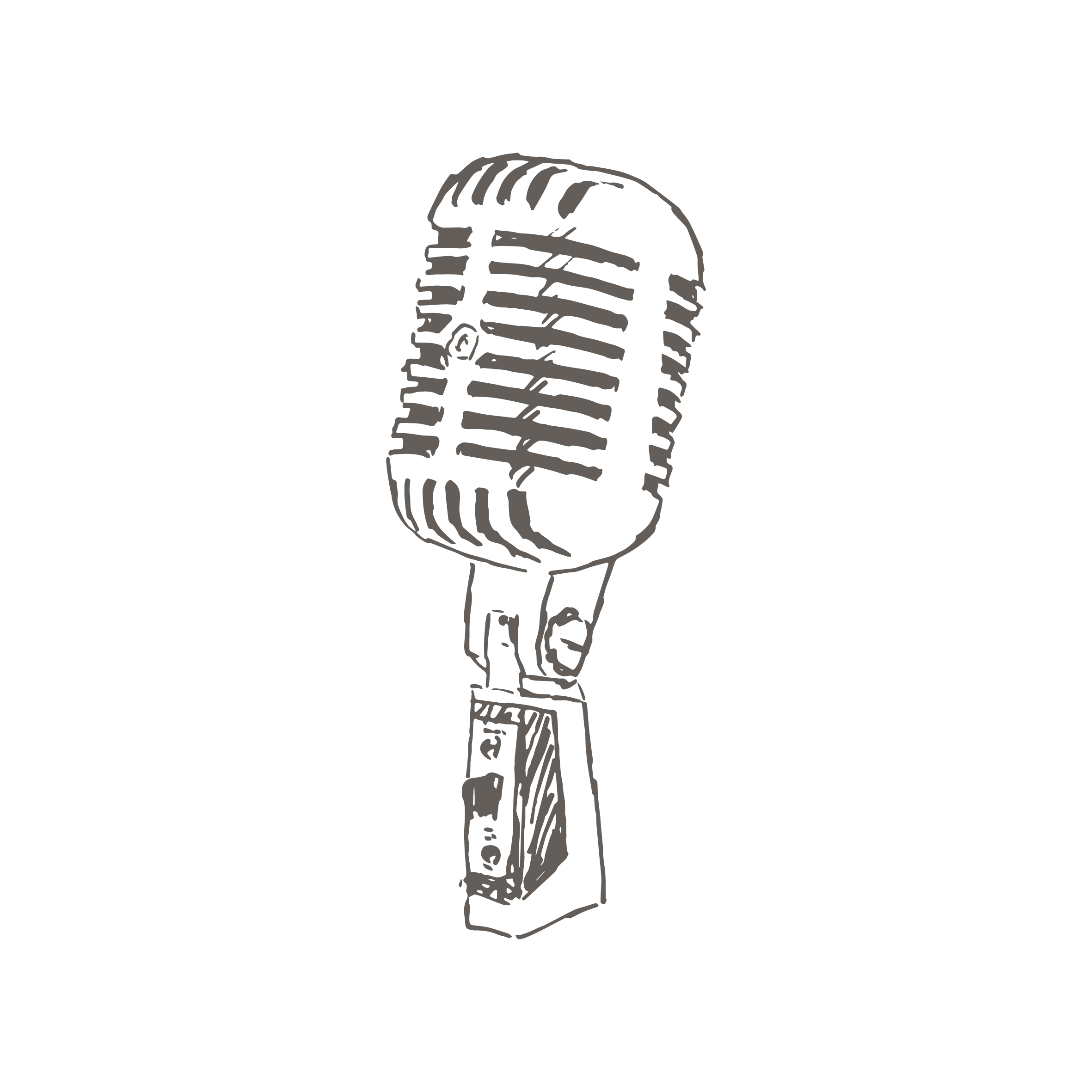 Illustration of a vintage microphone on a stand with a black background.