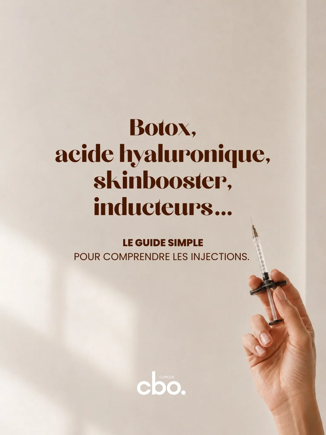 ✨ Comprendre les injections, simplement.

Botox, acide hyaluronique, skinbooster ou inducteurs de collag&egrave;ne : chaque traitement a un objectif pr&eacute;cis.
Le bon injectable n&rsquo;est pas &ldquo;le plus tendance&rdquo;, mais celui adapt&eac