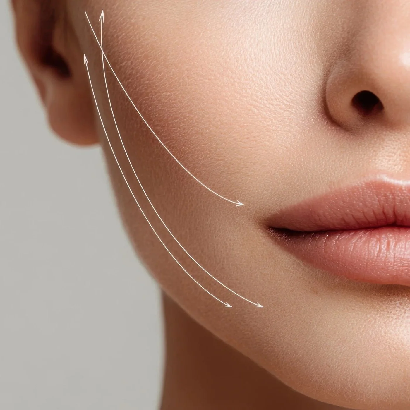 Un close-up d'un visage féminin montrant la peau lisse, avec des lignes de marquage indiquant le contour de la mâchoire et du cou pour une illustration de la structure faciale.