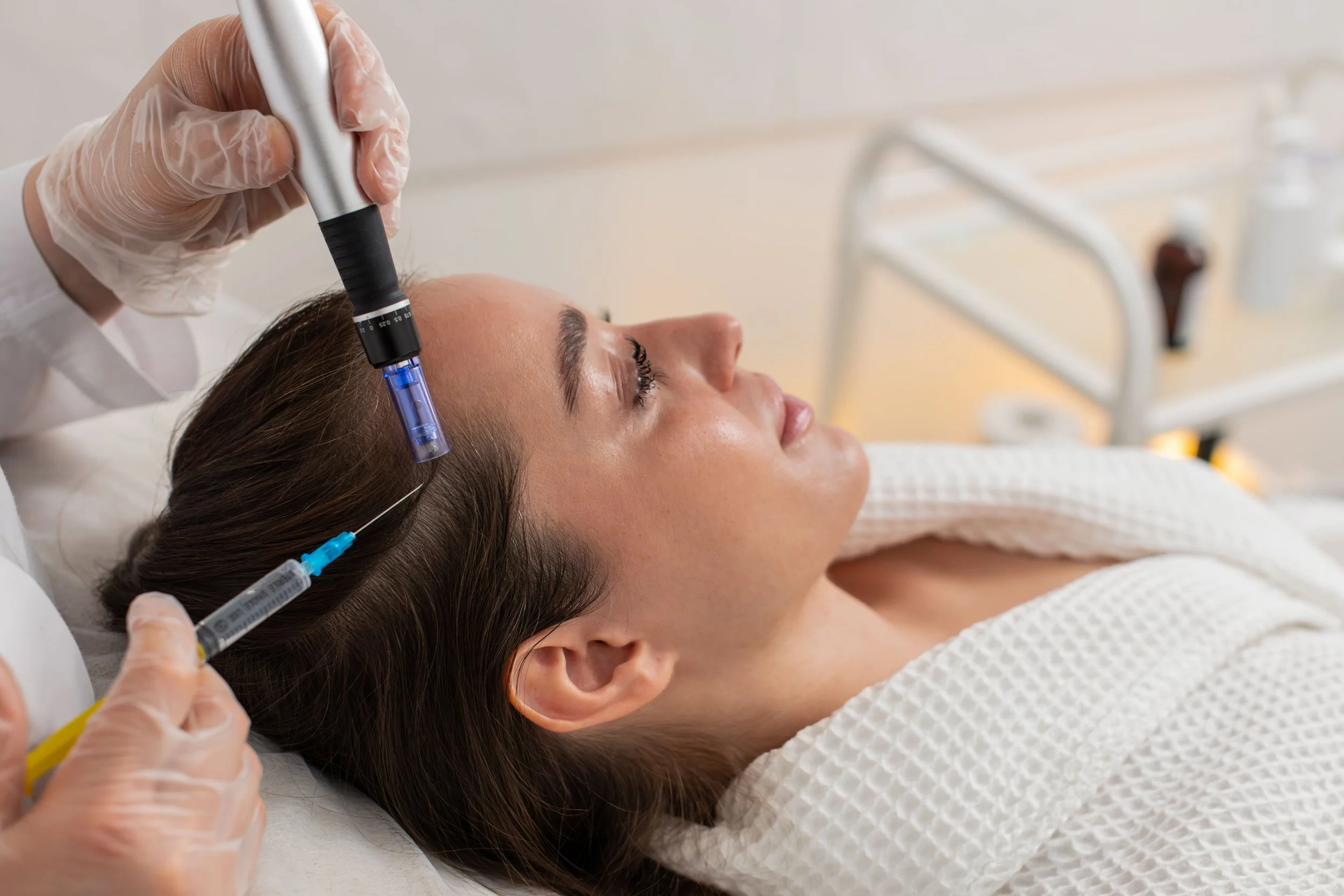 Une femme reçoit une injection avec une seringue dans le cuir chevelu lors d'une procédure médicale ou esthétique dans un environnement clinique.