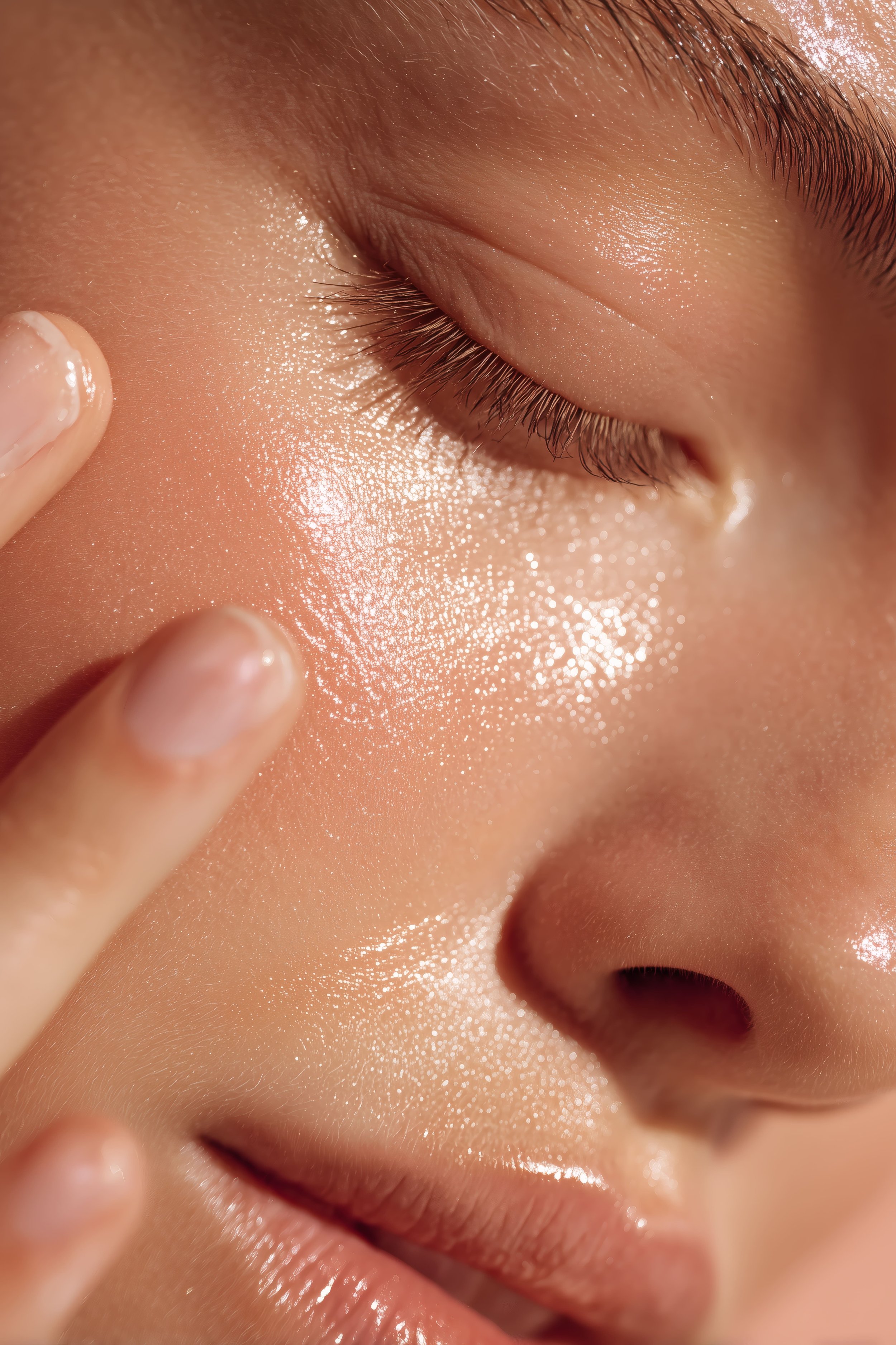 Zoom sur un visage de personne avec une peau lumineuse, yeux fermés et doigts touchant la joue.