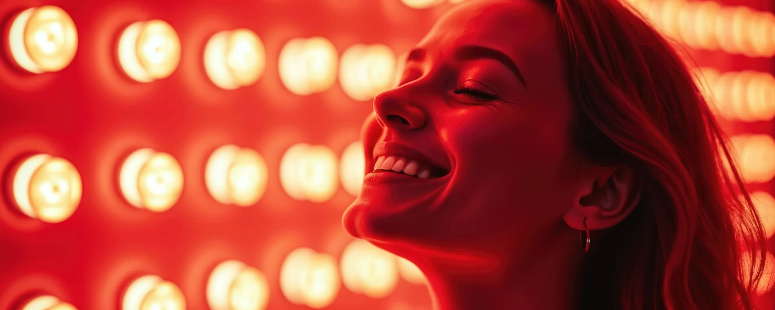 Une femme souriante avec des cheveux longs et bouclés, éclatante de bonheur, dans un environnement avec des lumières rouges chaudes en arrière-plan.